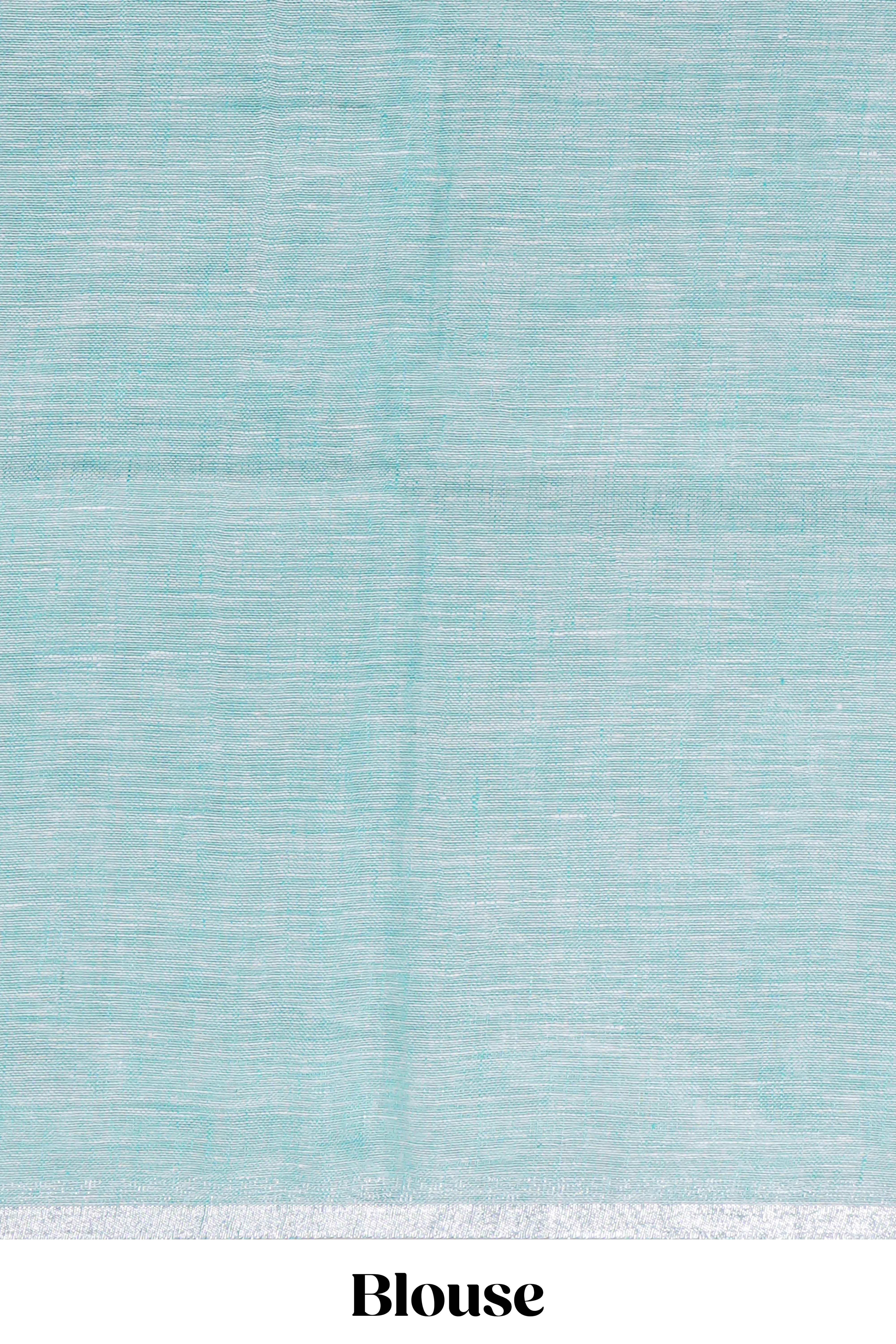 Light Blue unique motifs design linen cotton saree with self border and matching plain blouse