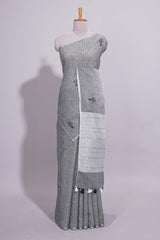 Grey Shade Linen Cotton Saree with Self Border andMatching Plain Blouse