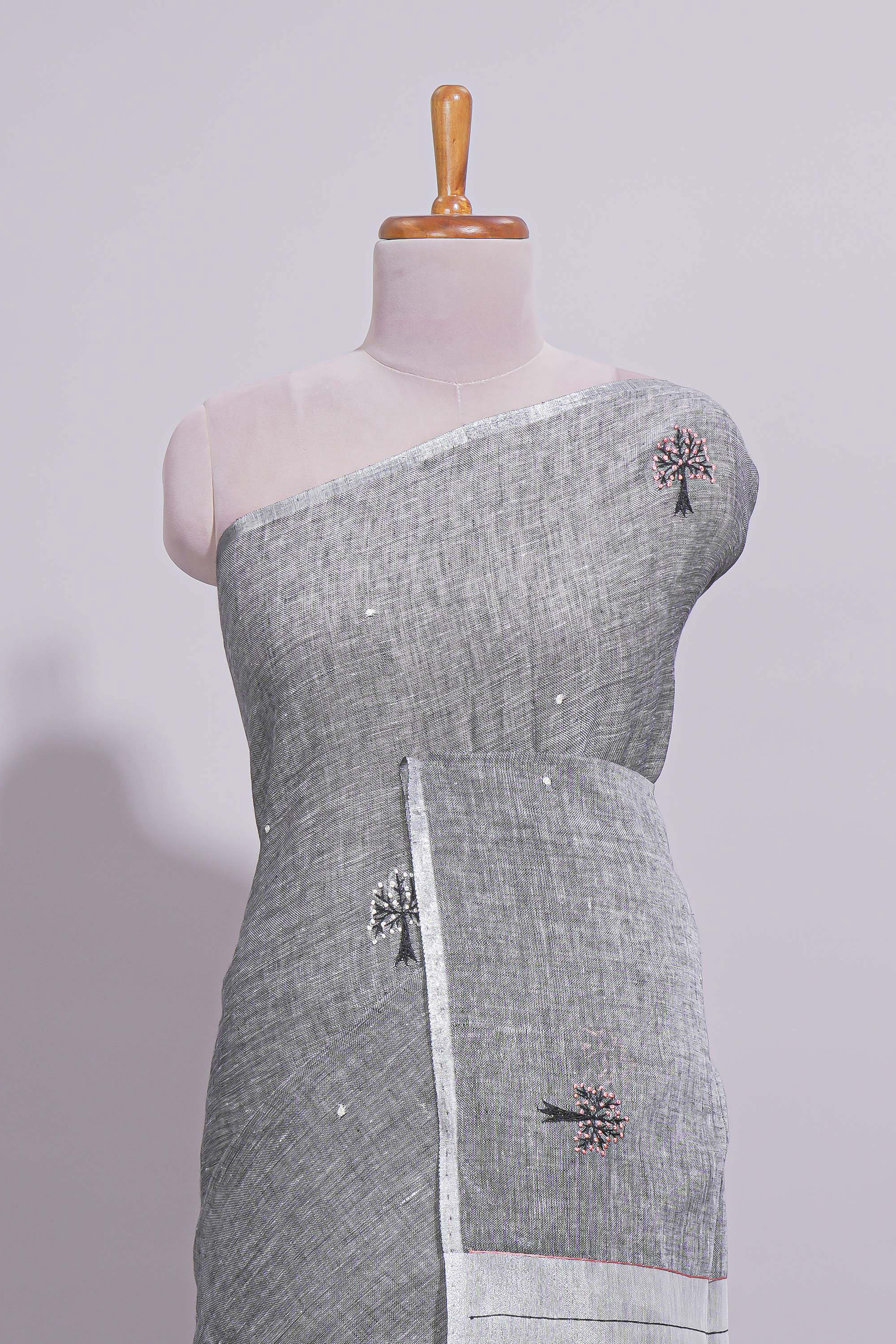 Grey Shade Linen Cotton Saree with Self Border andMatching Plain Blouse
