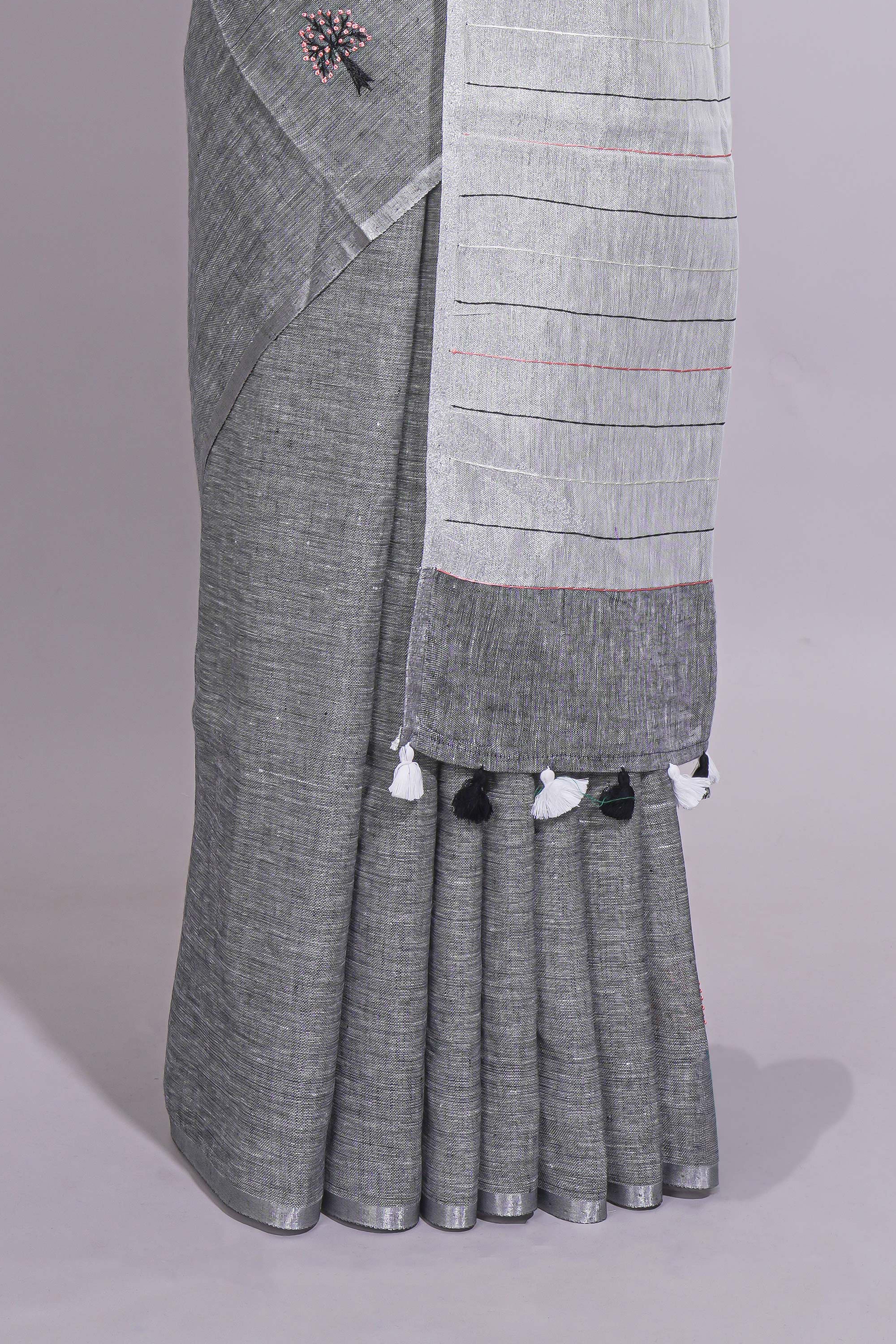 Grey Shade Linen Cotton Saree with Self Border andMatching Plain Blouse