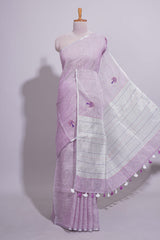 Pink unique motifs design linen cotton saree with self border and plain blouse