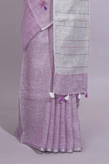 Pink unique motifs design linen cotton saree with self border and plain blouse