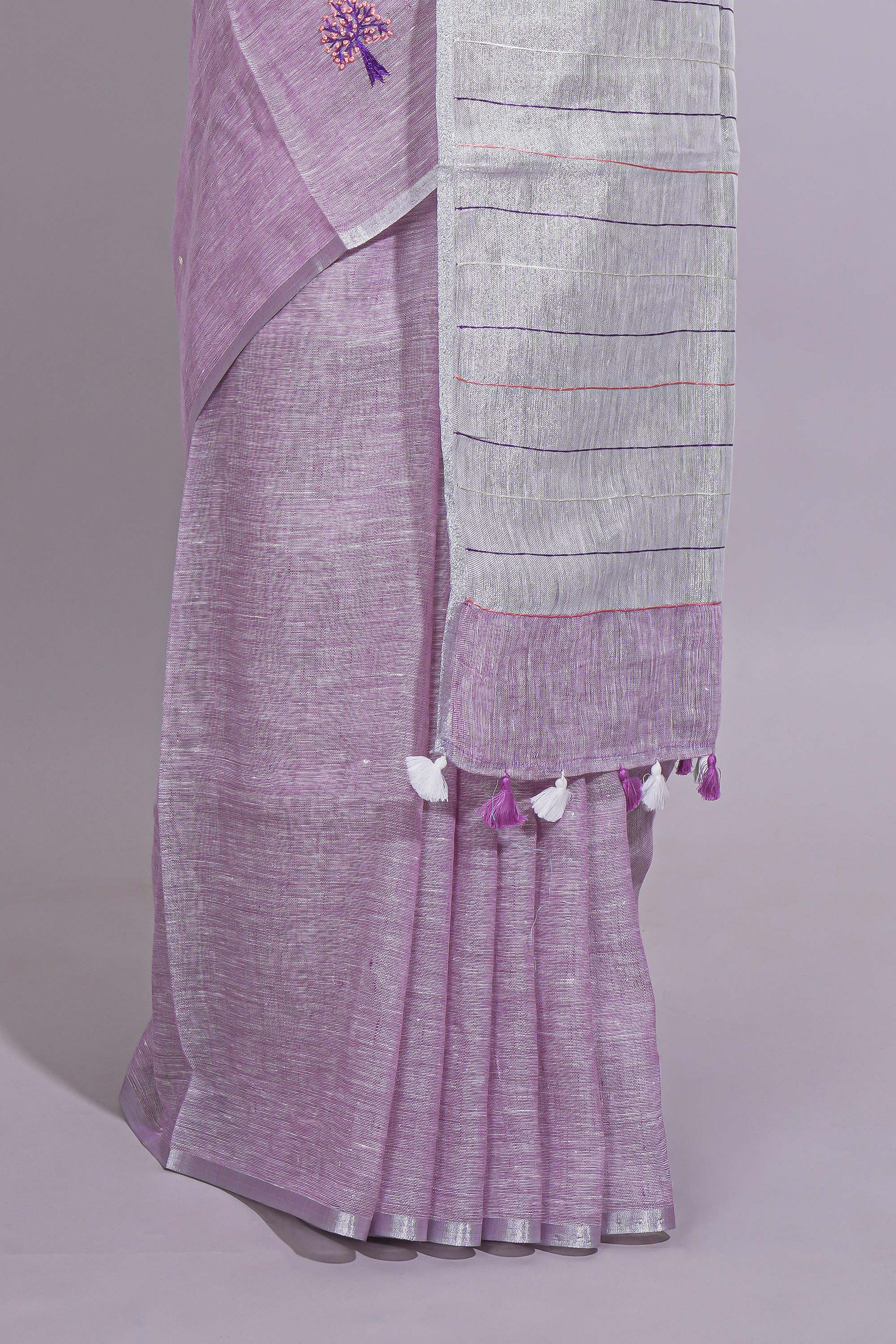 Pink unique motifs design linen cotton saree with self border and plain blouse