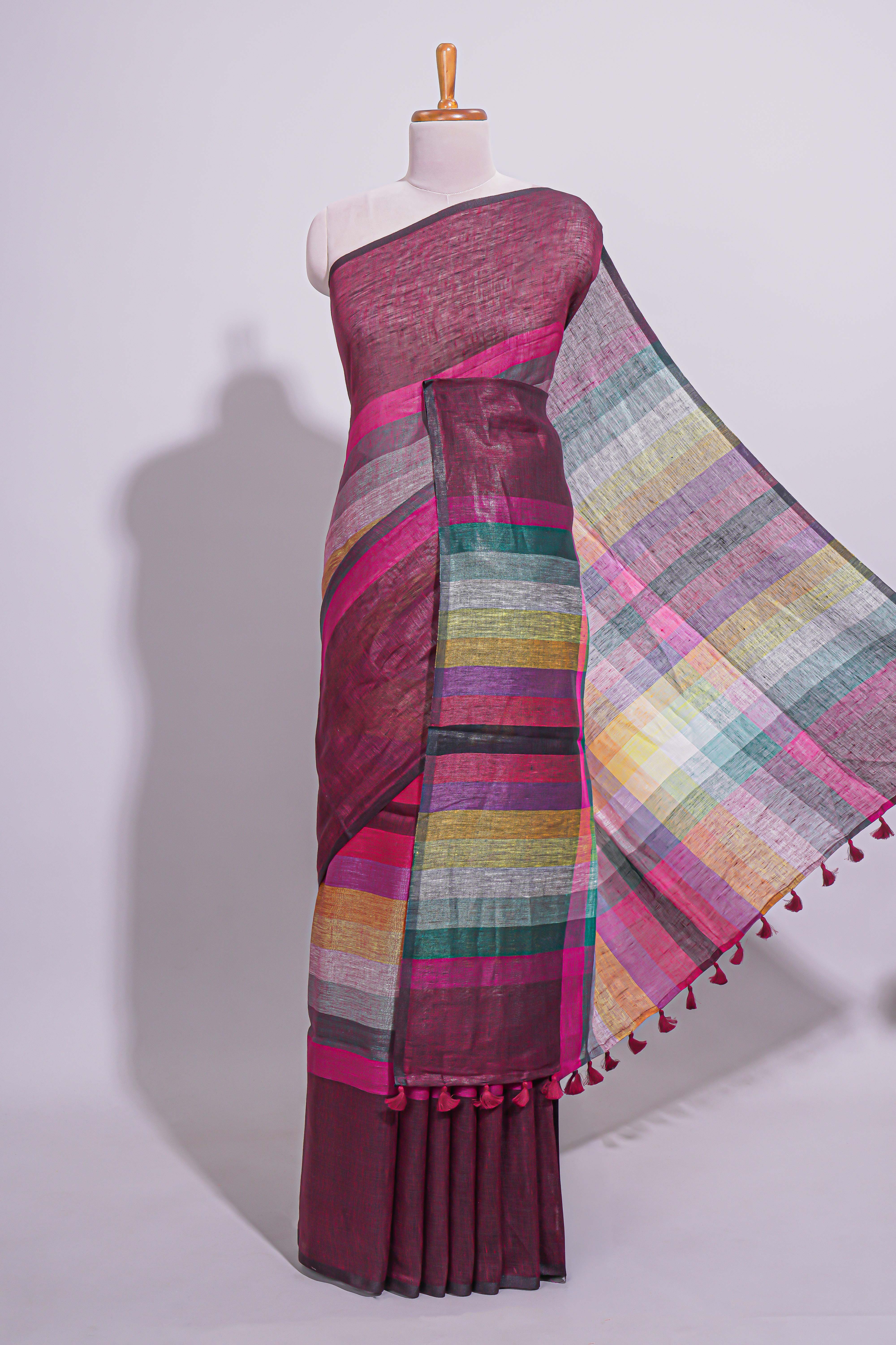 Multicolor Striped Linen Cotton Saree With Multicolor Pallu and Matching Blouse