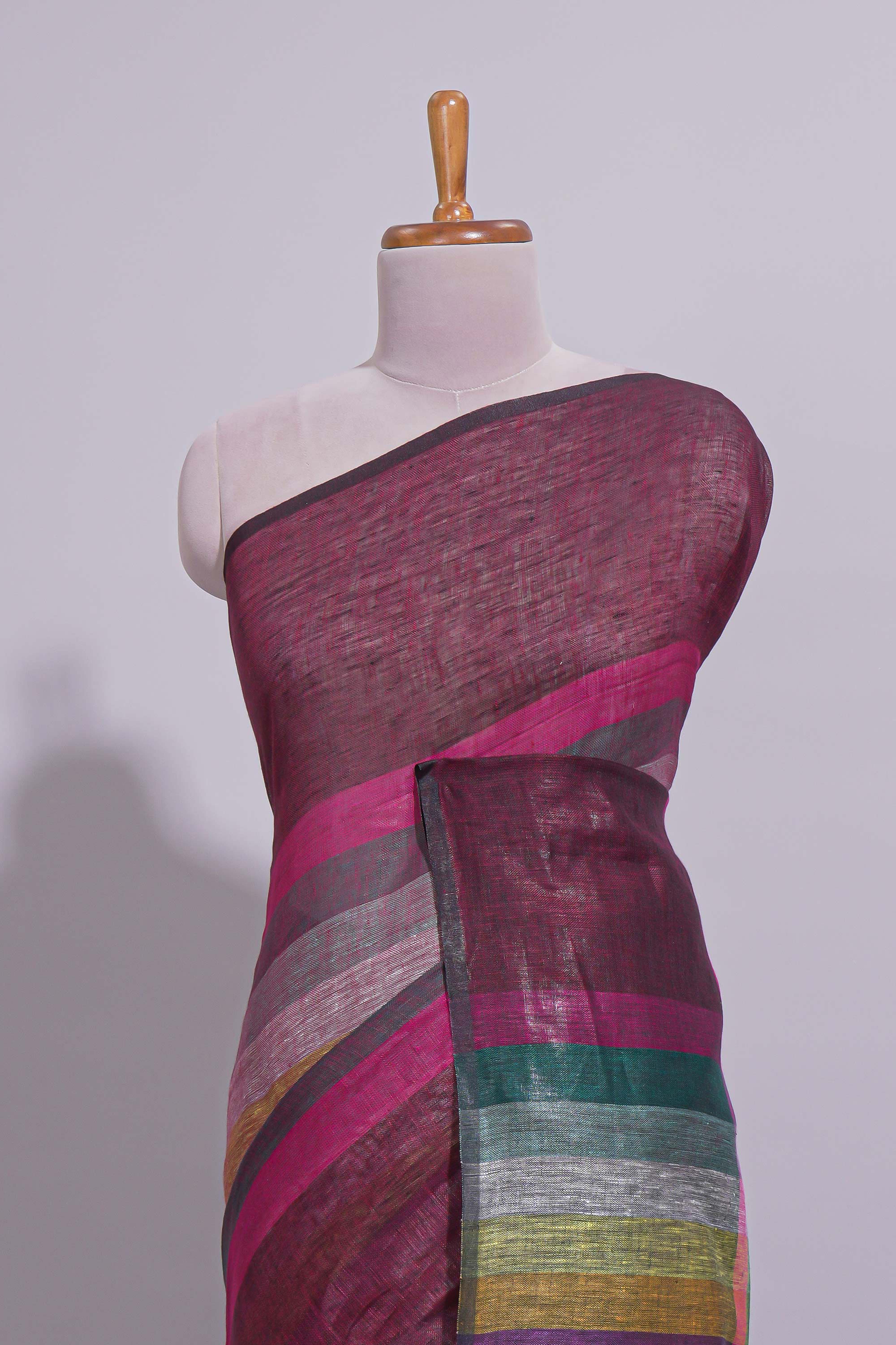 Multicolor Striped Linen Cotton Saree With Multicolor Pallu and Matching Blouse