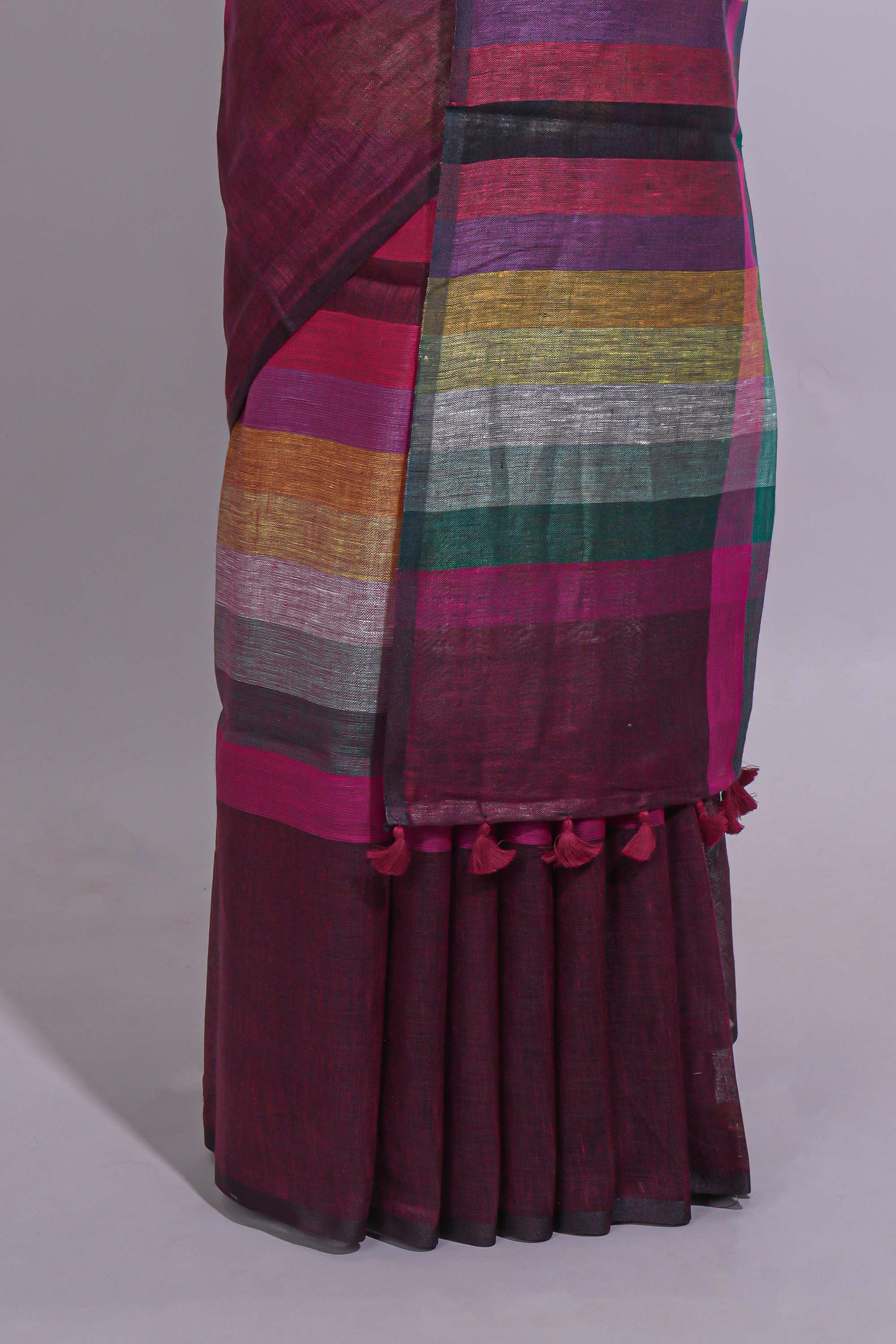 Multicolor Striped Linen Cotton Saree With Multicolor Pallu and Matching Blouse
