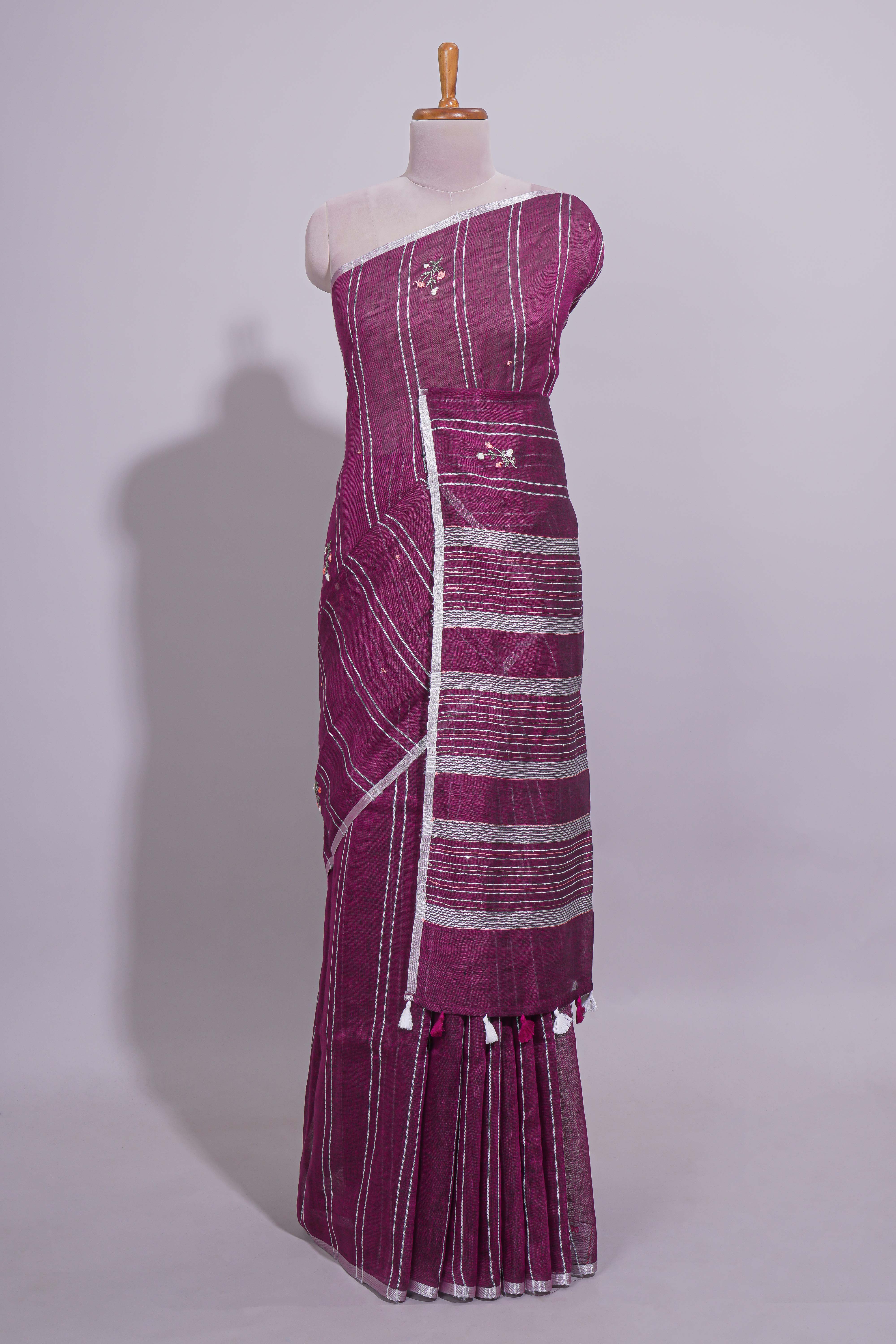 Wine Pink Striped Linen Cotton Saree with Self Border Contrast Pallu and Matching Plain Blouse