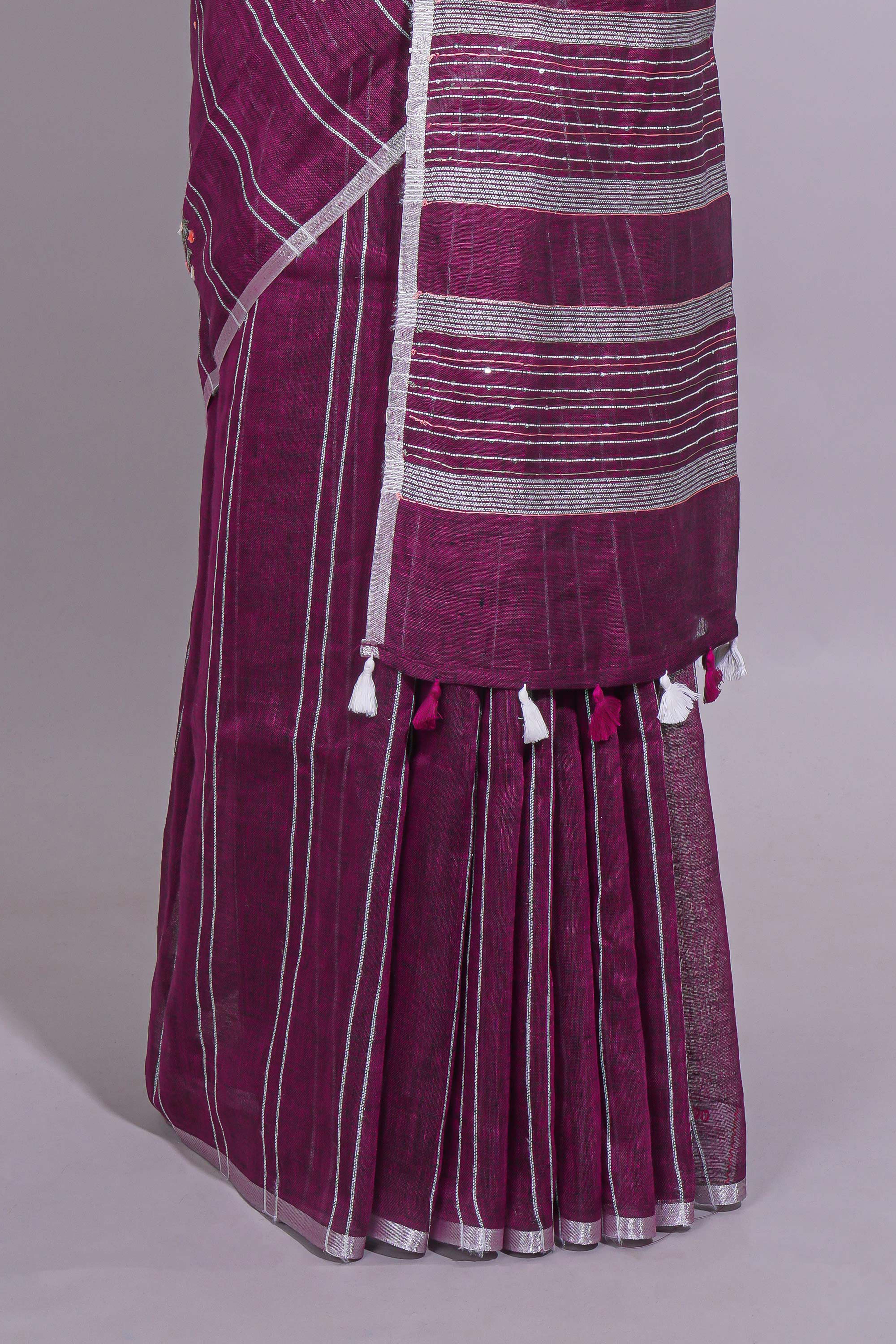 Wine Pink Striped Linen Cotton Saree with Self Border Contrast Pallu and Matching Plain Blouse