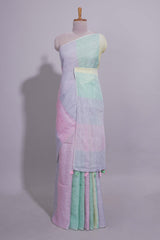 Multicolor plain Linen Cotton Saree with Self Border And Matching Blouse