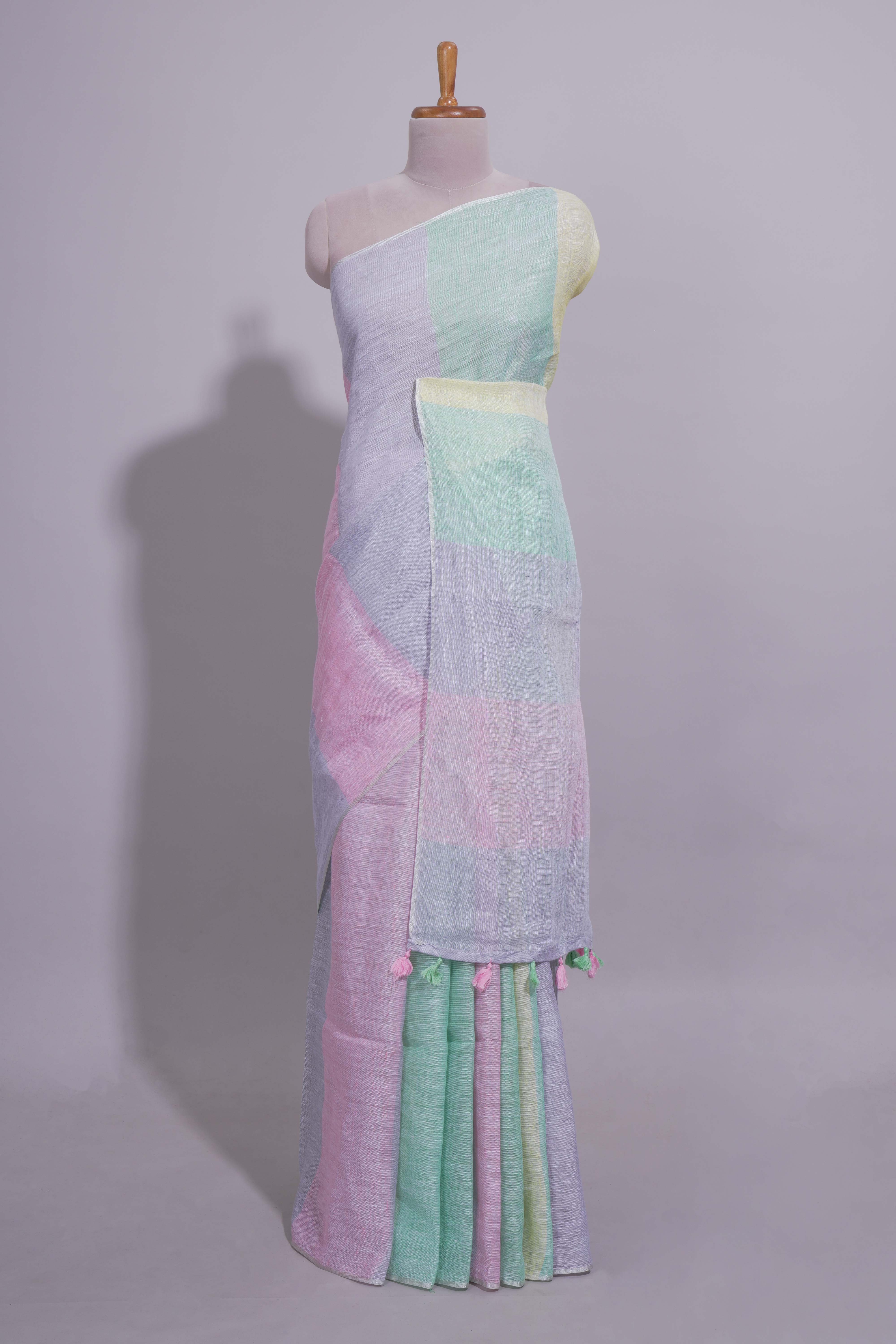 Multicolor plain Linen Cotton Saree with Self Border And Matching Blouse