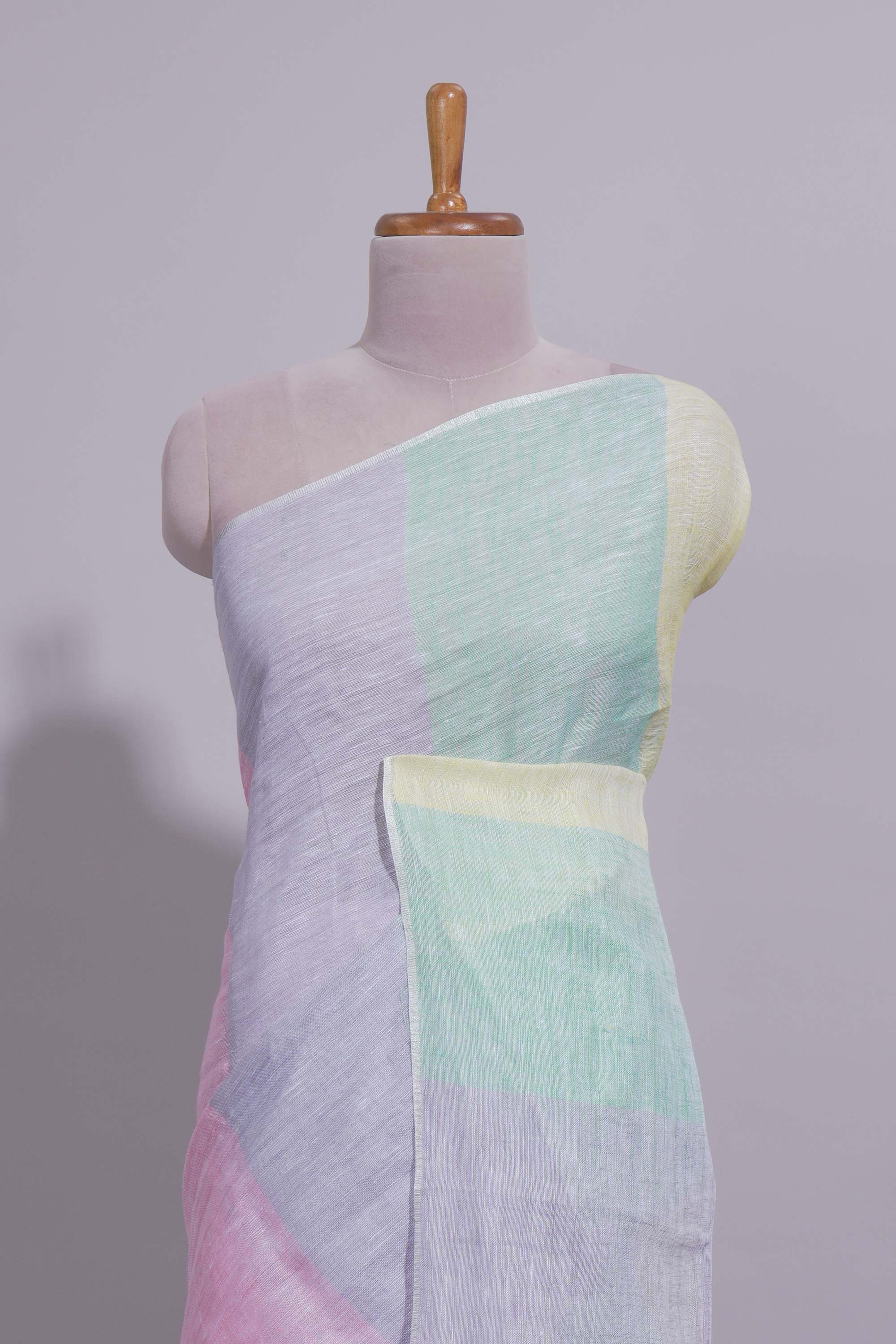 Multicolor plain Linen Cotton Saree with Self Border And Matching Blouse