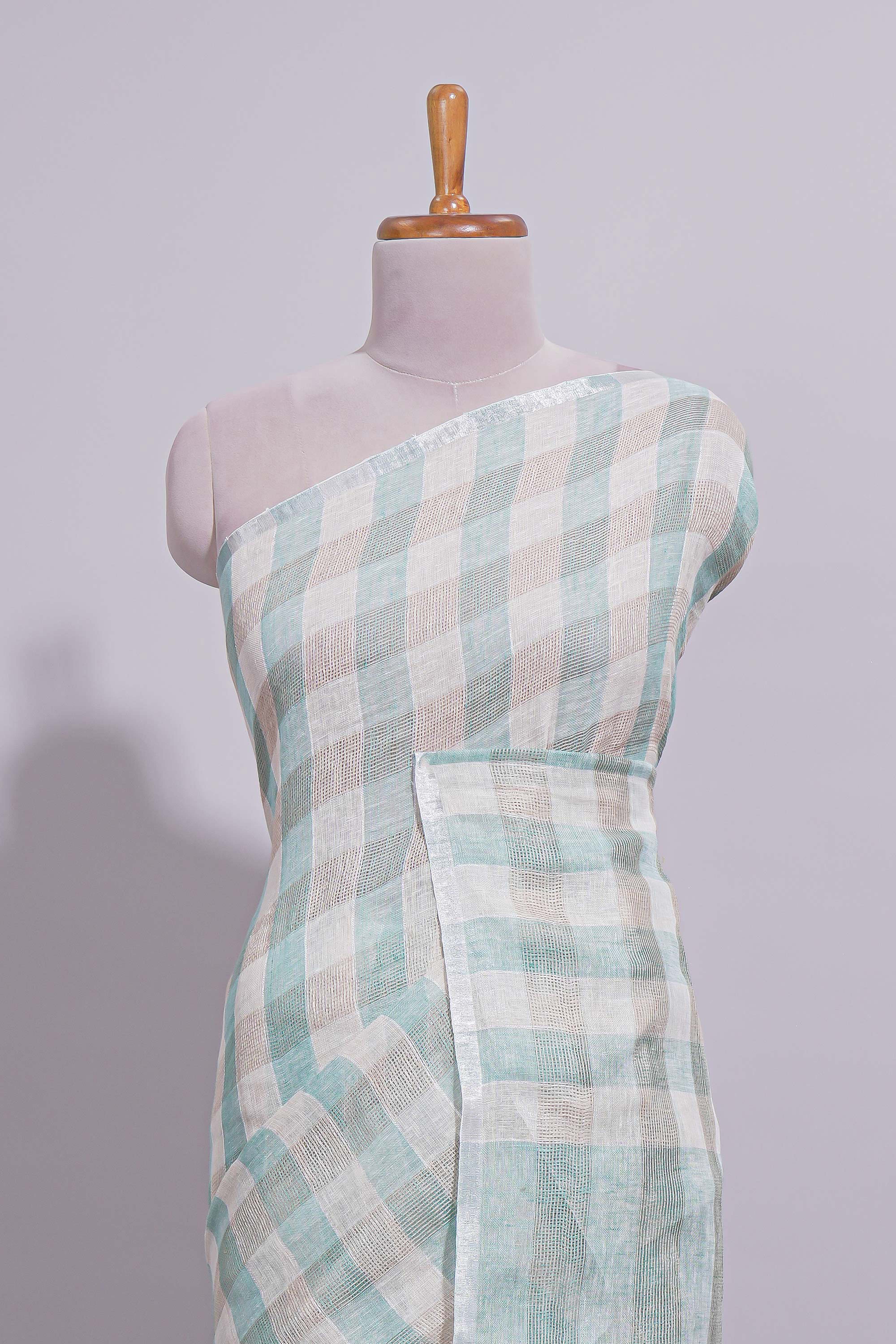 Light Green Checked Linen Cotton Saree with Matching Pallu and Contrast Blouse