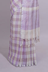 Light Purple Checked Linen Cotton Saree with Matching Pallu and Contrast Blouse