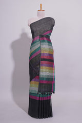 Multicolor Stripes on Black Linen Cotton Saree With Multicolor Pallu and Matching Blouse