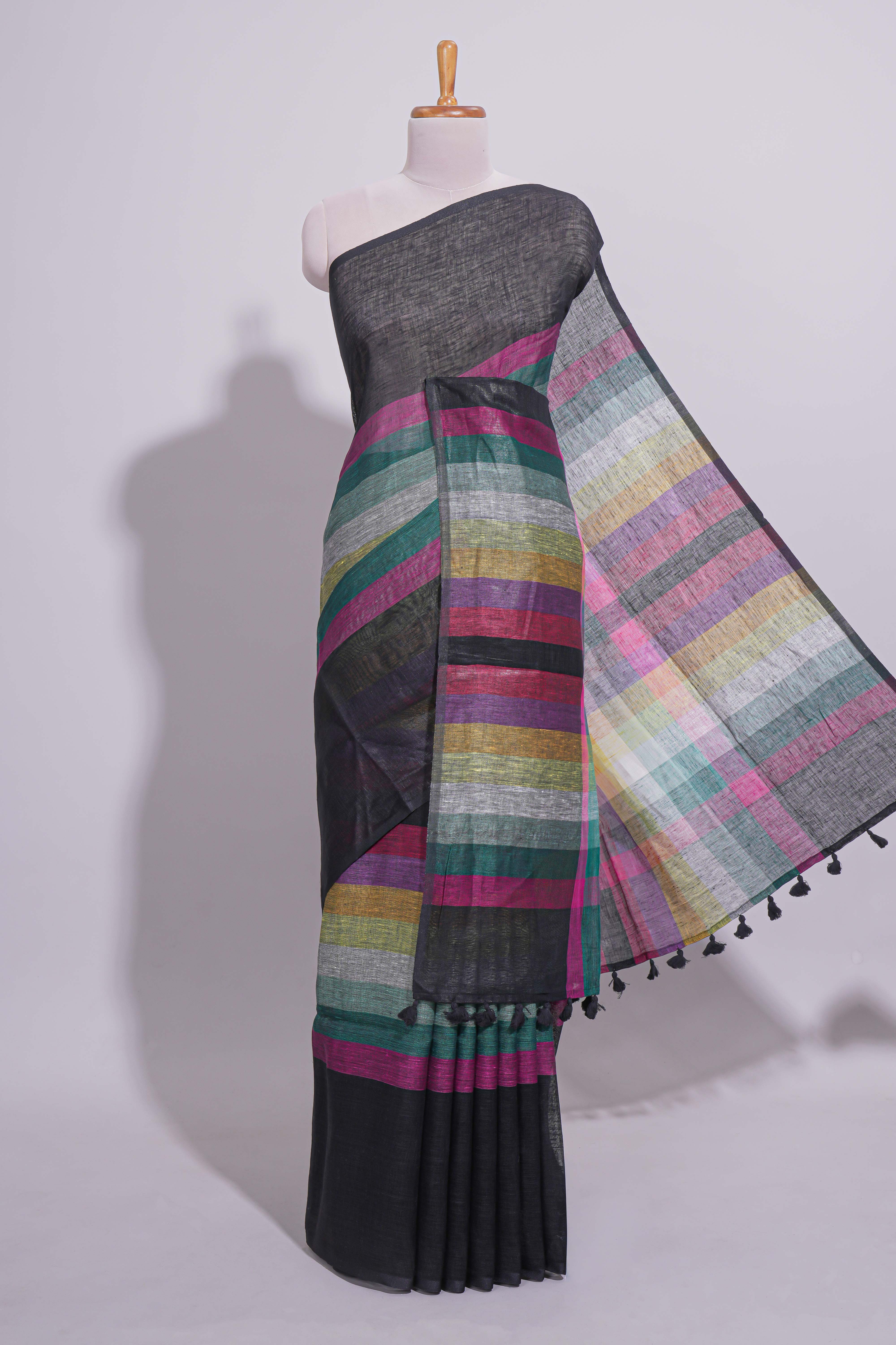 Multicolor Stripes on Black Linen Cotton Saree With Multicolor Pallu and Matching Blouse