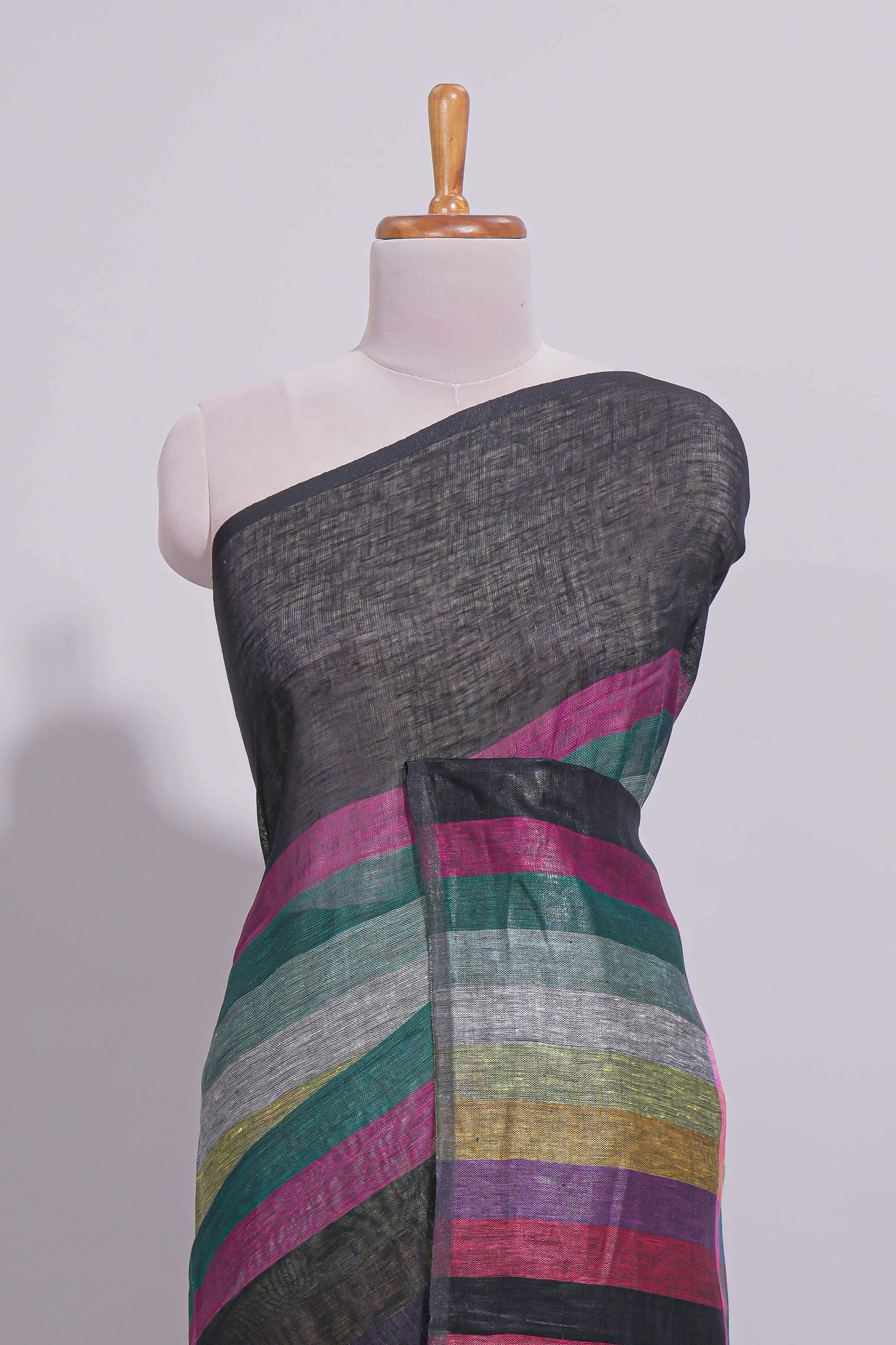 Multicolor Stripes on Black Linen Cotton Saree With Multicolor Pallu and Matching Blouse