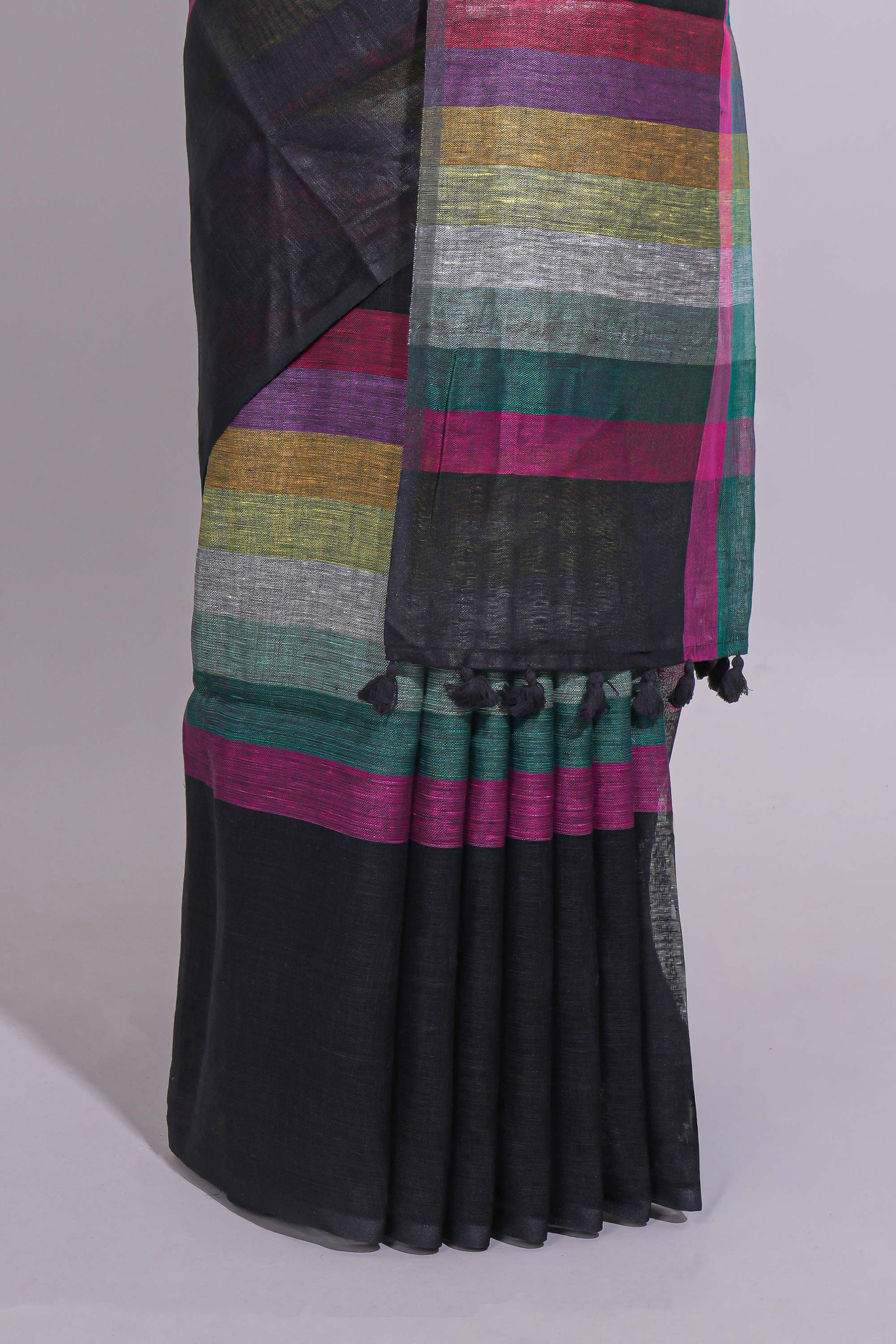 Multicolor Stripes on Black Linen Cotton Saree With Multicolor Pallu and Matching Blouse