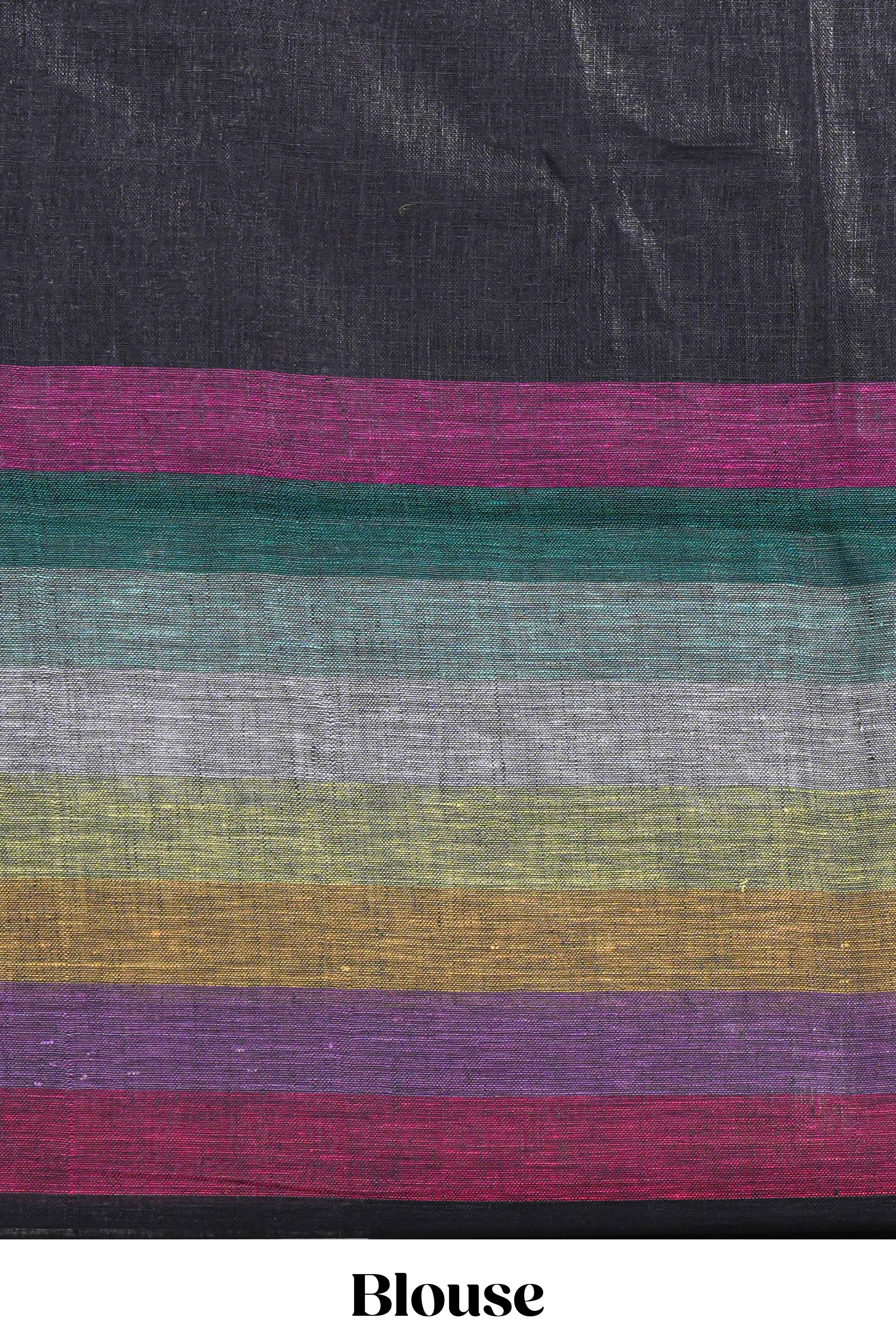 Multicolor Stripes on Black Linen Cotton Saree With Multicolor Pallu and Matching Blouse