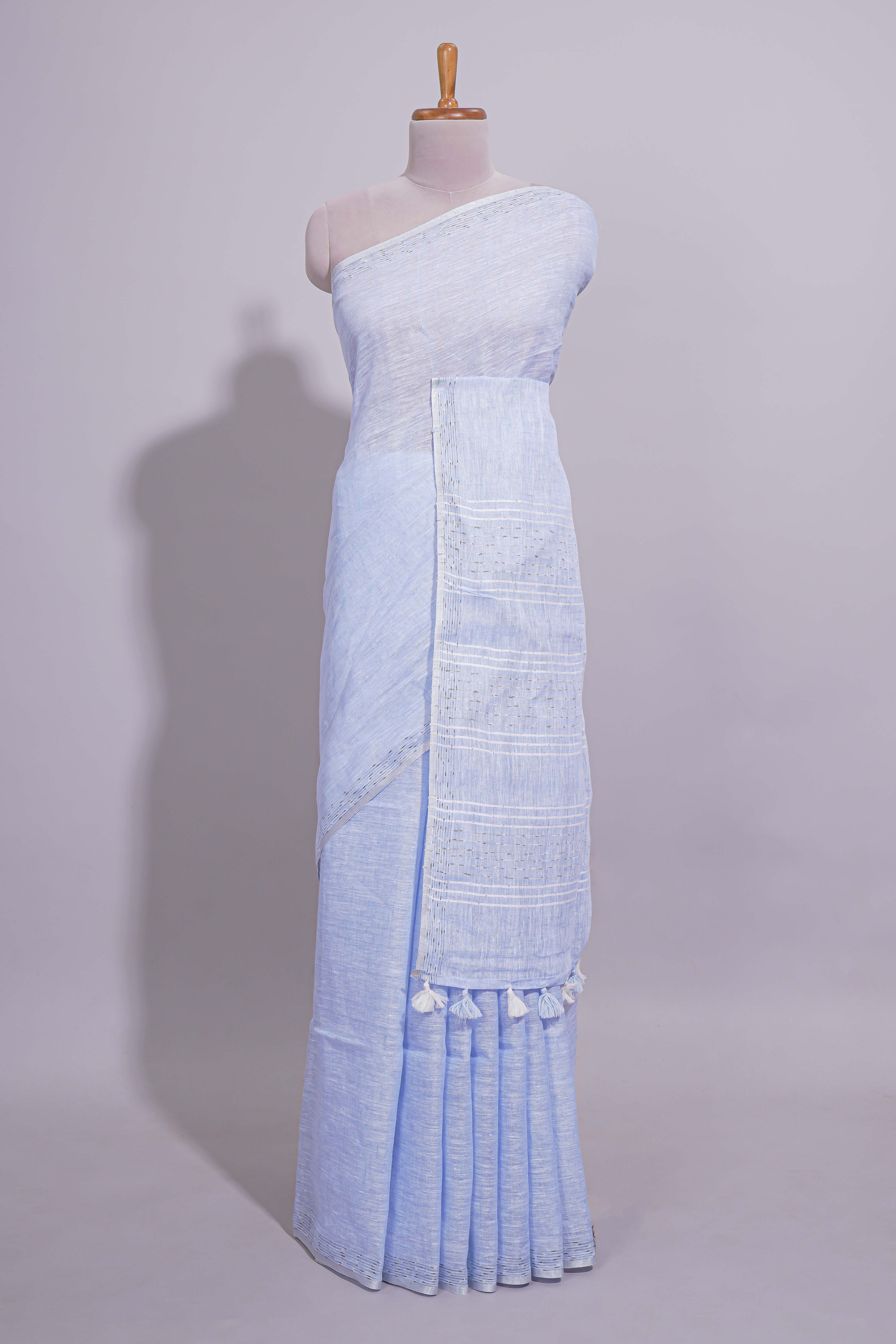 Lavender shade PlainLinen Cotton saree With Matching border and Striped Blouse