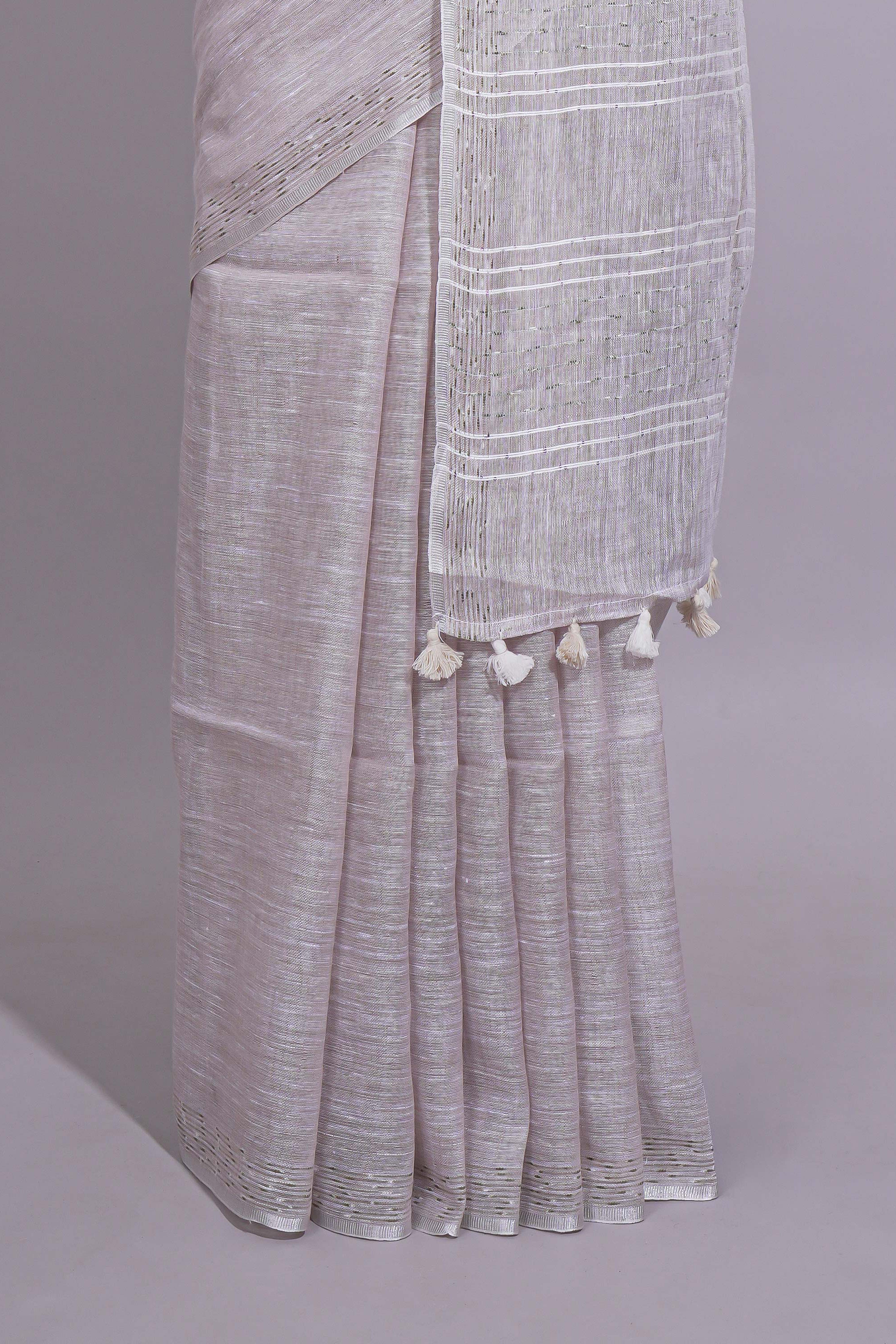 Grey shade PlainLinen Cotton saree With Matching border and Striped Blouse