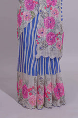 White Linen saree with blue stripes and vibrant pink floral scallop border with contrast printed blouse