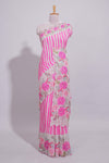 White Linen saree with pink stripes and vibrant pink floral scallop border with contrast printed blouse