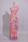White Linen saree with orange stripes and vibrant pink floral scallop border with contrast printed blouse