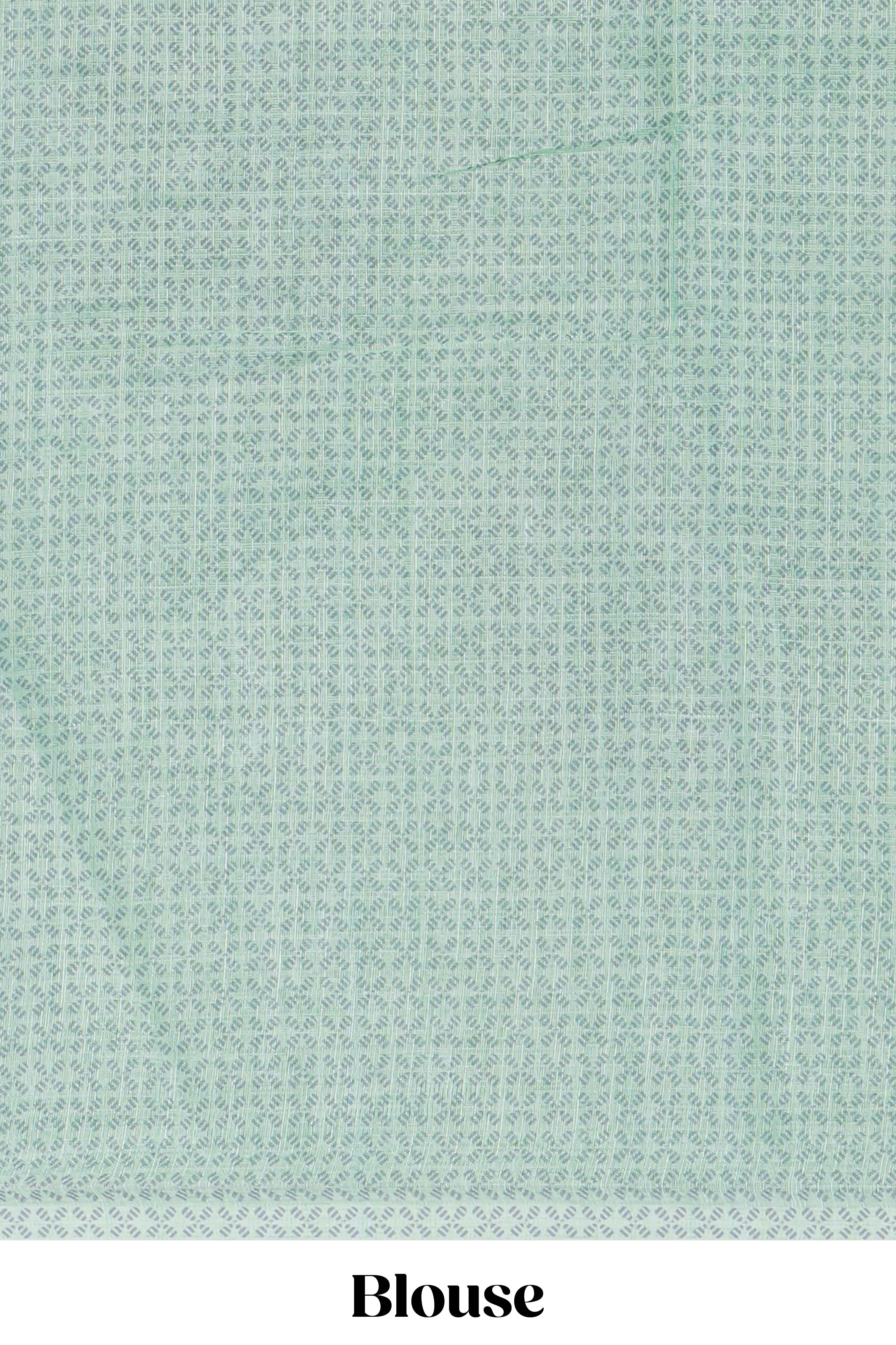 Pastel green linen saree tree motifs and tiny sequin with scalloped border and matching blouse