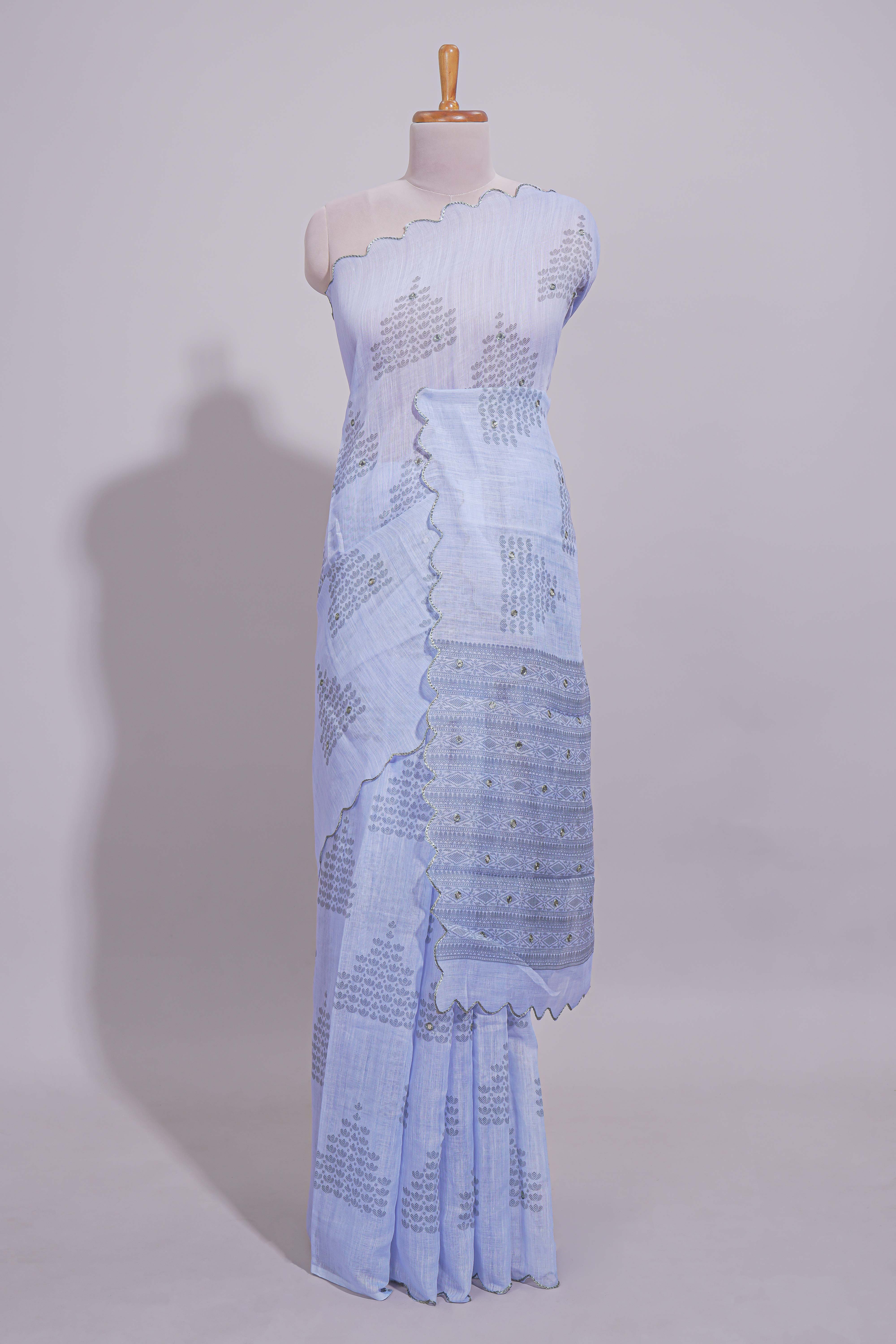 Indigo blue linen saree tiny motifs and sequin with scalloped border and matching blouse