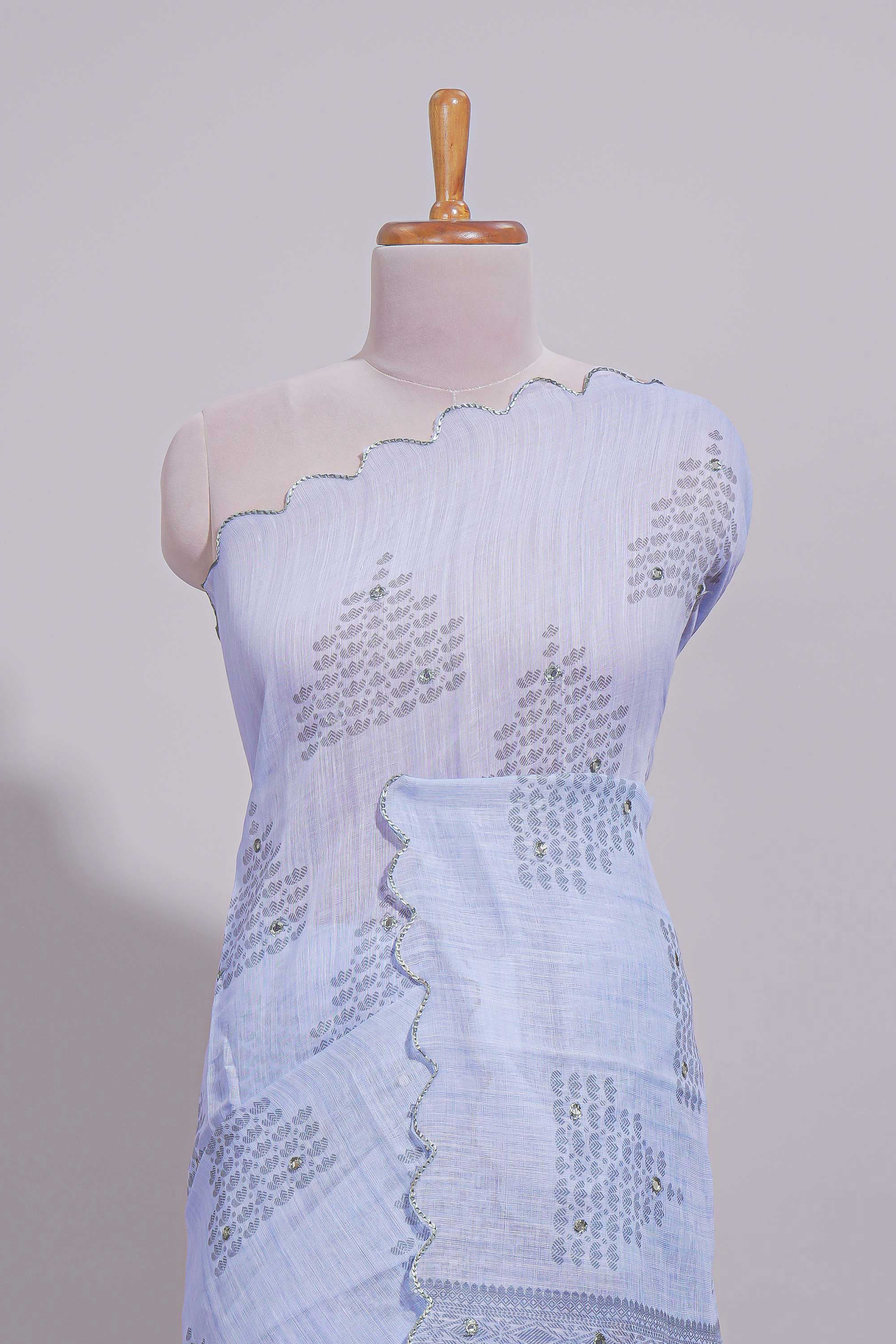 Indigo blue linen saree tiny motifs and sequin with scalloped border and matching blouse