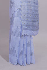 Indigo blue linen saree tiny motifs and sequin with scalloped border and matching blouse
