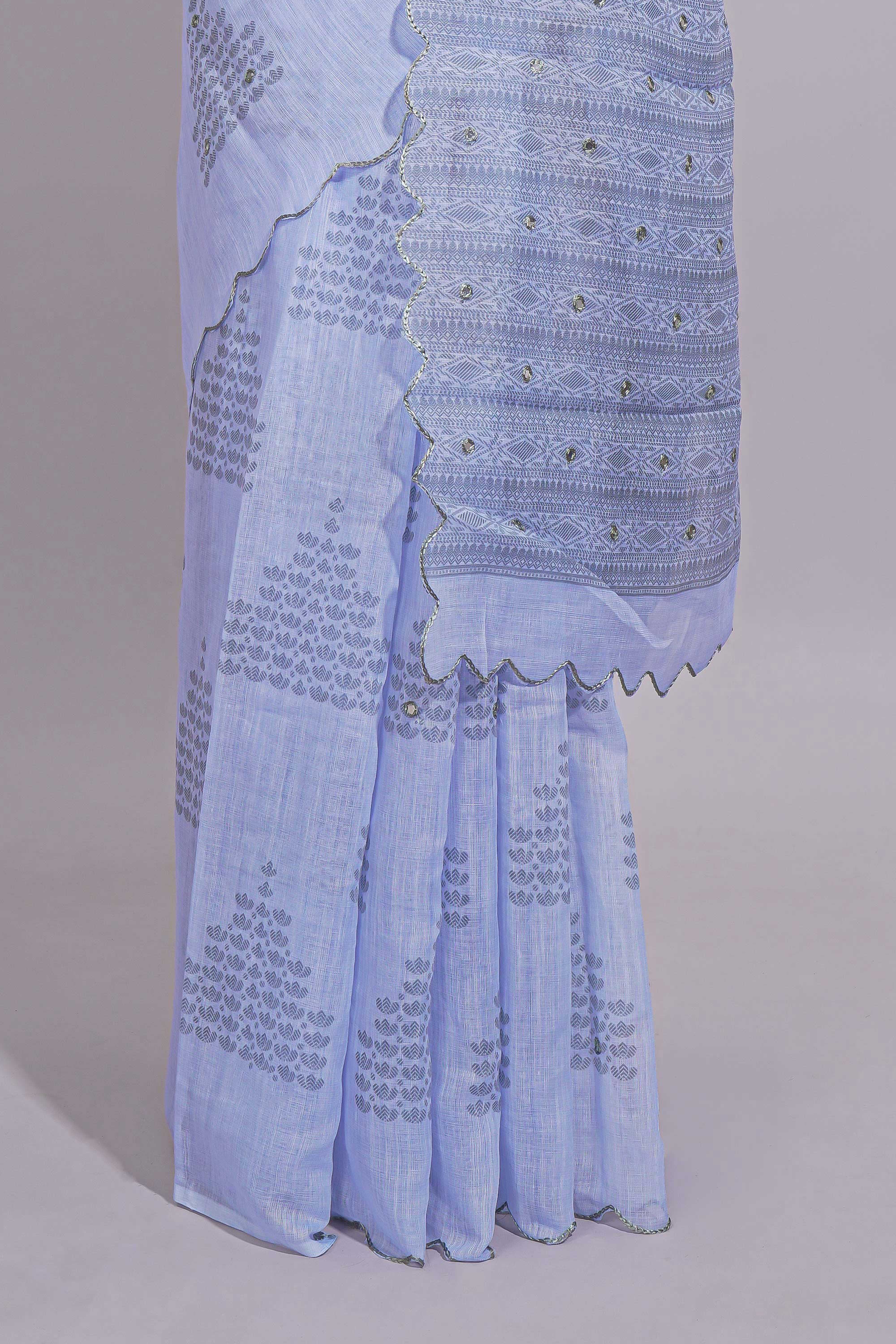 Indigo blue linen saree tiny motifs and sequin with scalloped border and matching blouse