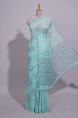 Pastel blue linen saree tree motifs and tiny sequin with scalloped border and matching blouse