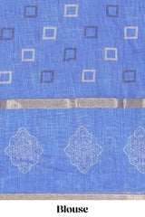 checked body linen saree with contrast border and pallu along with contrast printed blouse