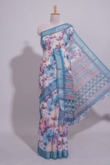 Floral printed linen cotton saree with contrast zariborder and geometric pallu along with matching blouse