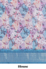 Floral printed linen cotton saree with contrast zariborder and geometric pallu along with matching blouse