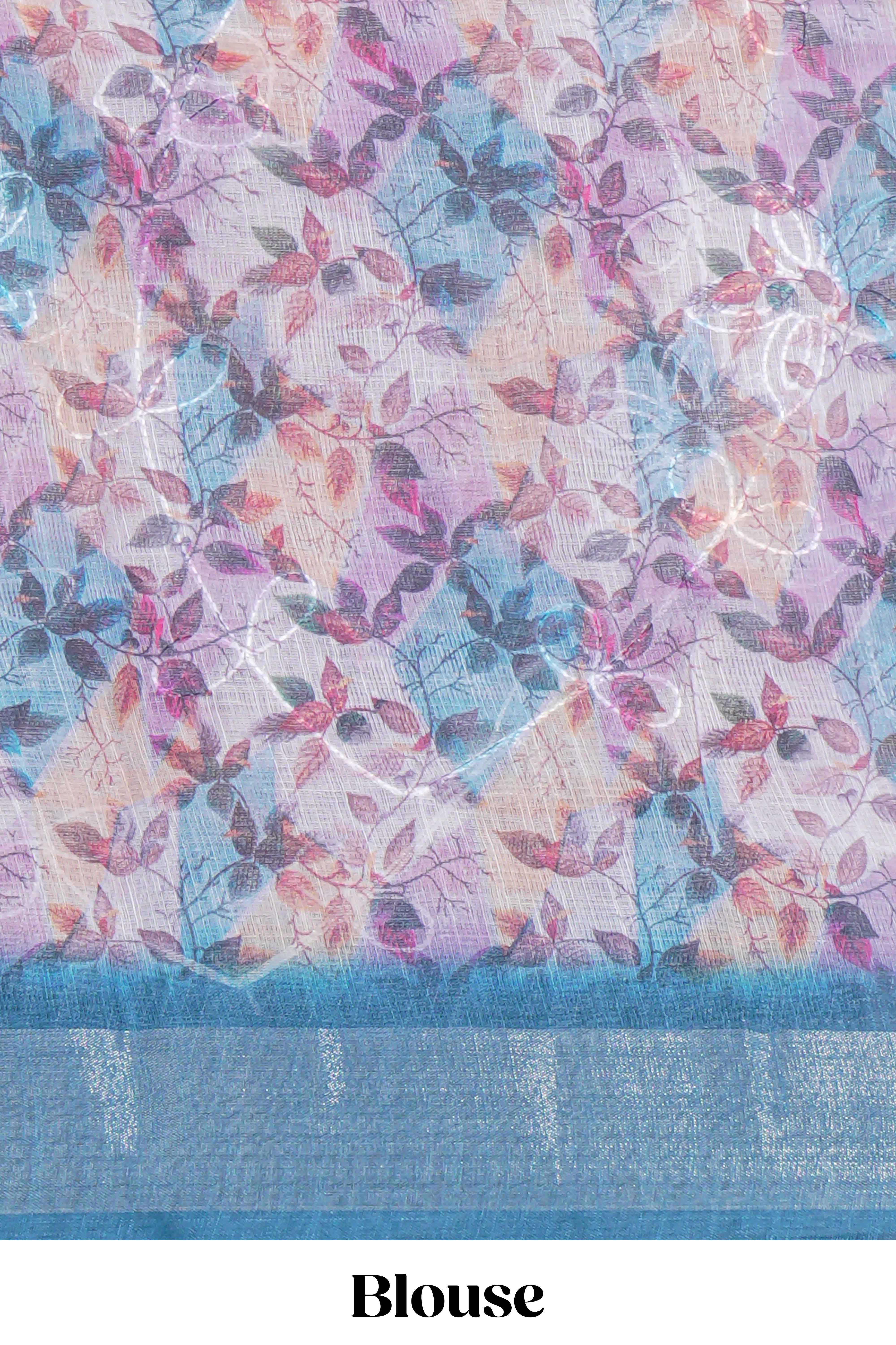 Floral printed linen cotton saree with contrast zariborder and geometric pallu along with matching blouse