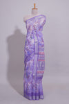Purple Floral printed linen cotton saree with contrast zariborder and geometric pallu along with matching blouse