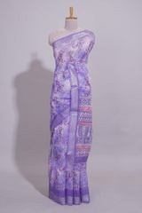 Purple Floral printed linen cotton saree with contrast zariborder and geometric pallu along with matching blouse