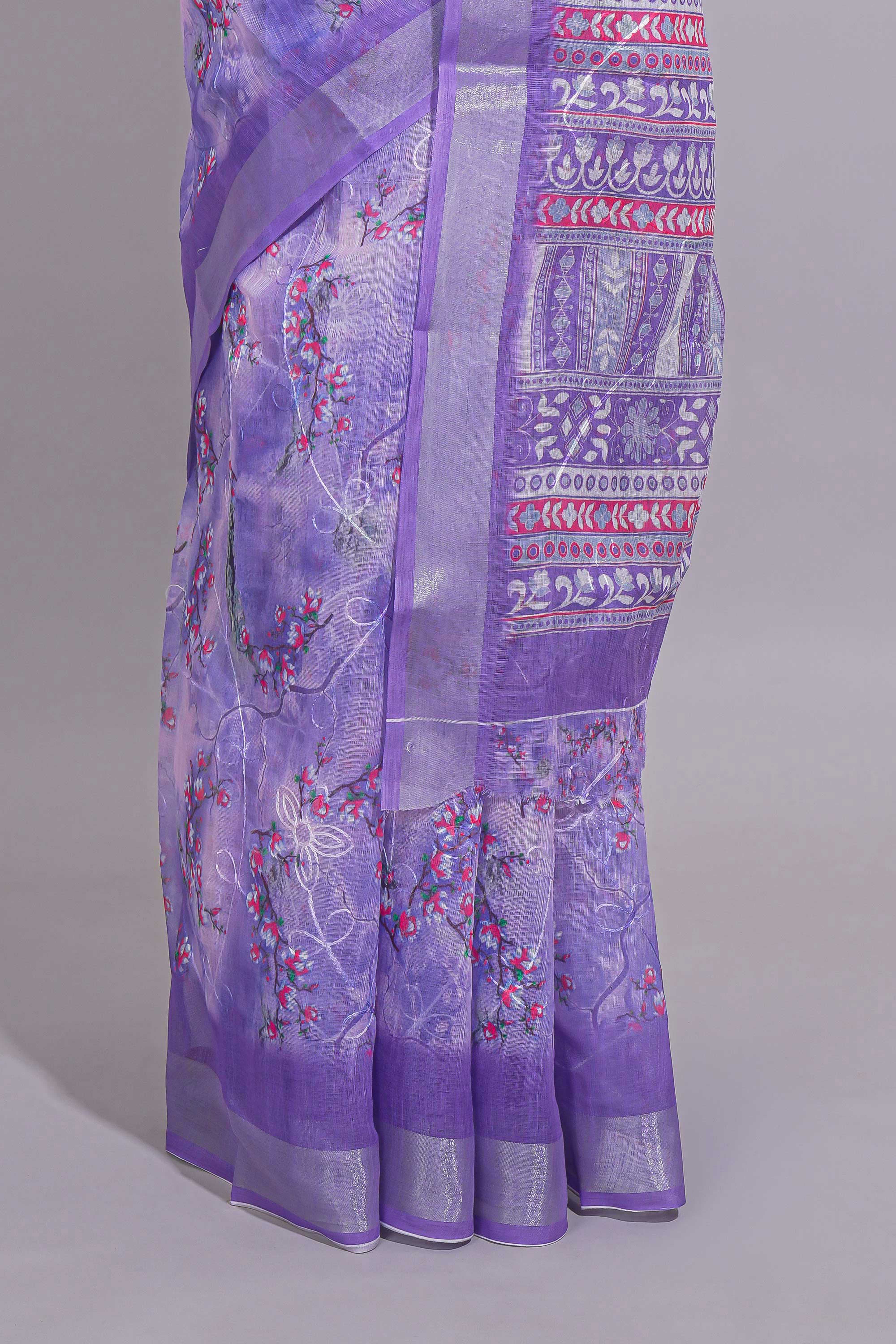 Purple Floral printed linen cotton saree with contrast zariborder and geometric pallu along with matching blouse