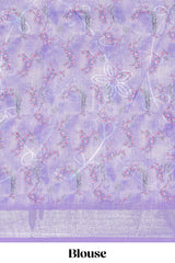 Purple Floral printed linen cotton saree with contrast zariborder and geometric pallu along with matching blouse