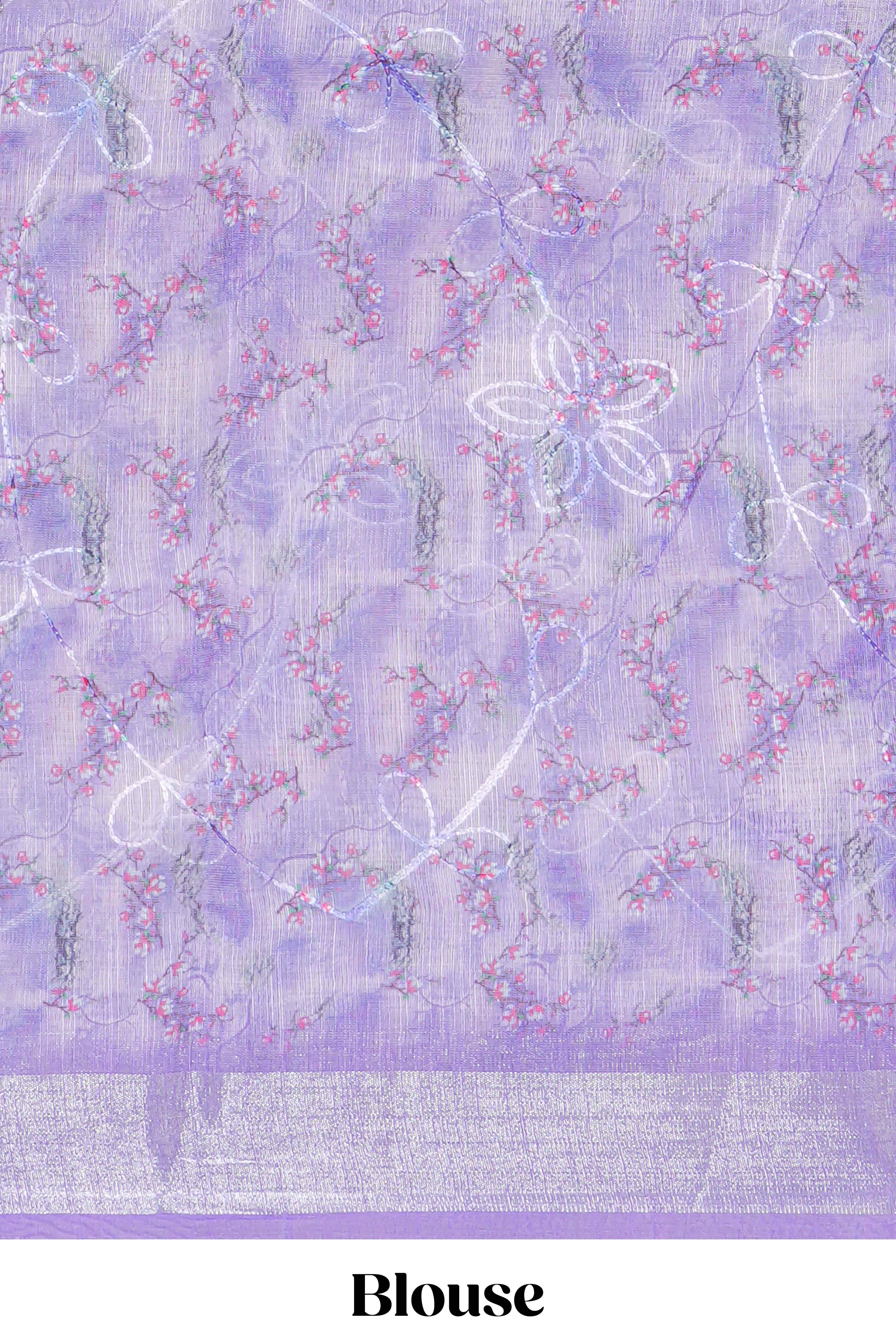 Purple Floral printed linen cotton saree with contrast zariborder and geometric pallu along with matching blouse