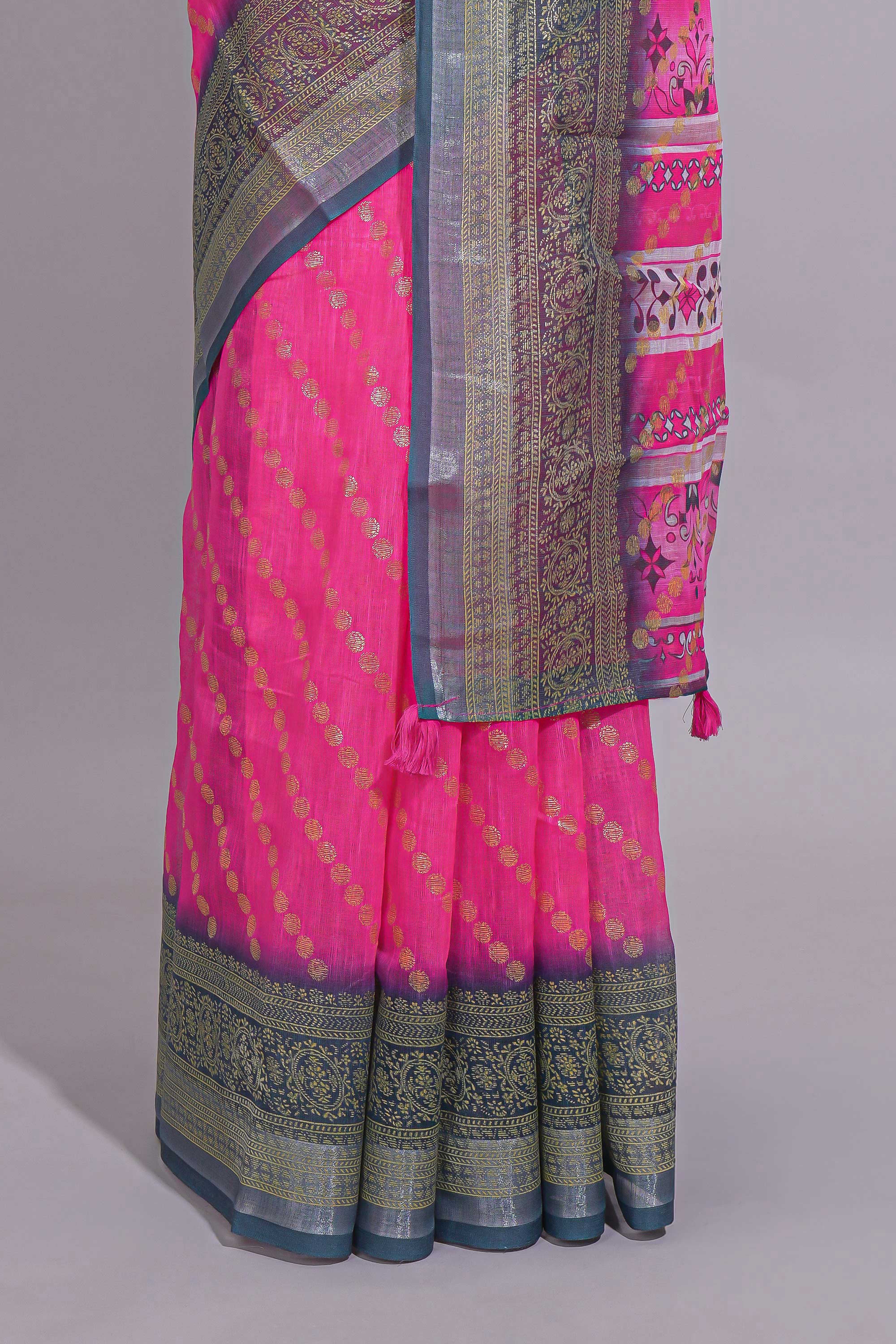 Pink colour linen cotton saree with zari striped body and contrast border with geometric pallu along with contrast blouse