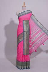 Pink colour linen cotton saree with zari striped body and contrast border with geometric pallu along with contrast blouse
