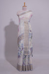Ivory Floral printed linen cotton saree with contrast zariborder and self pallu along with contrast blouse