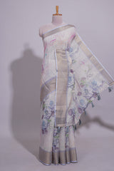 Ivory Floral printed linen cotton saree with contrast zariborder and self pallu along with contrast blouse