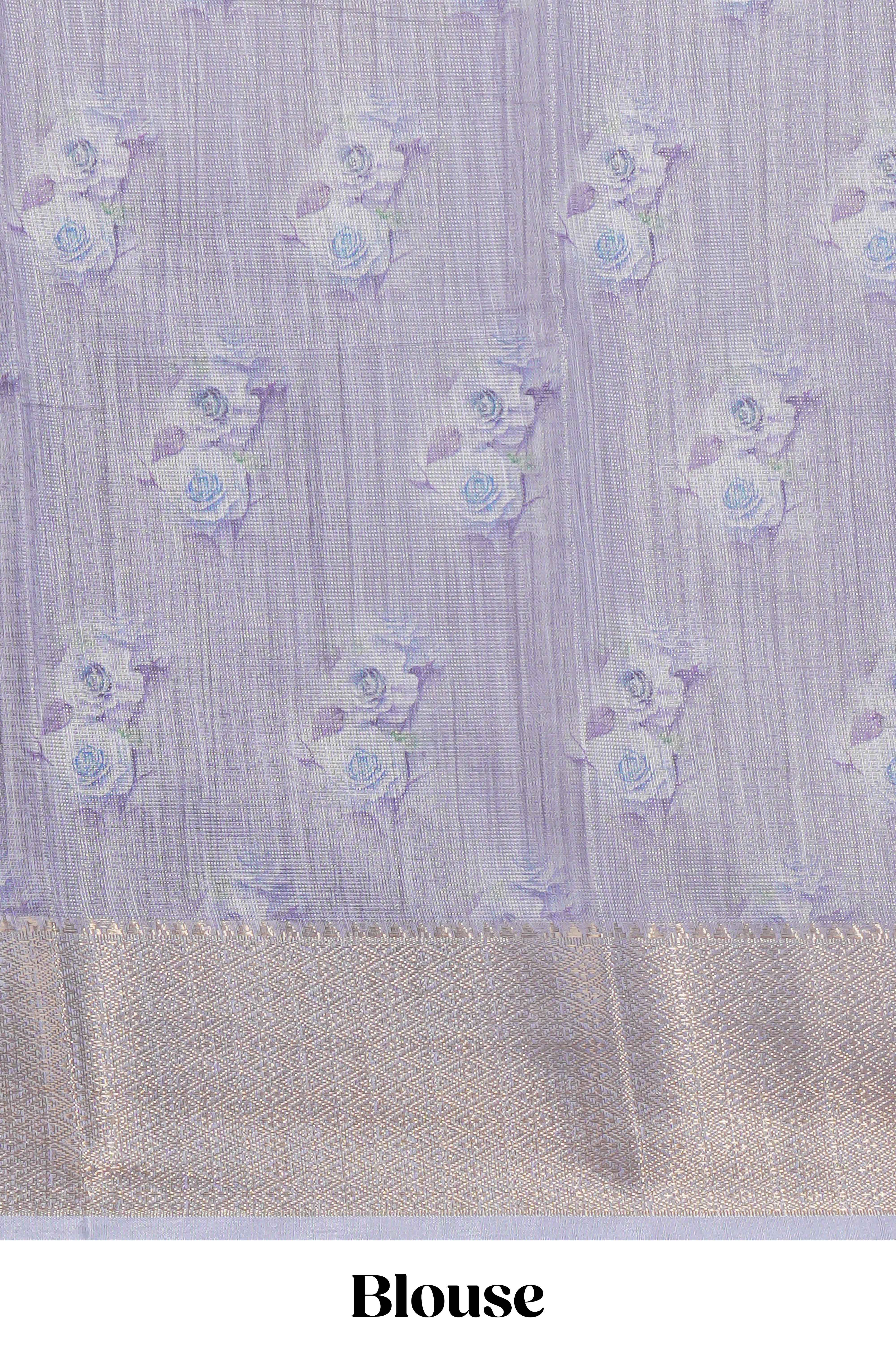 Ivory Floral printed linen cotton saree with contrast zariborder and self pallu along with contrast blouse