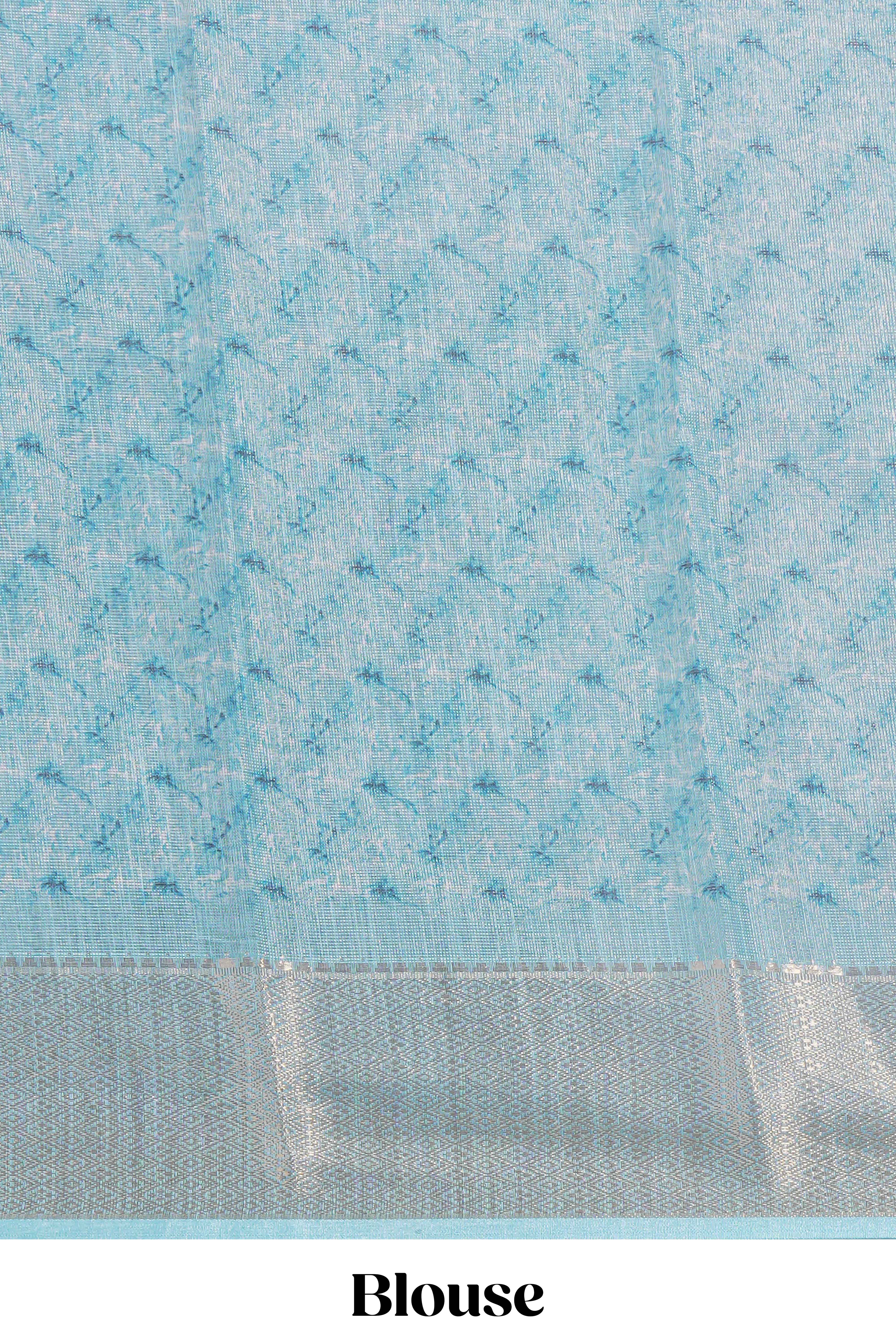 Ivory Floral linen cotton saree with contrast zariborder and self pallu along with contrast blouse