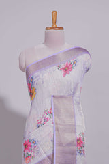 White Floral printed linen cotton saree with contrast zariborder and self pallu along with matching blouse