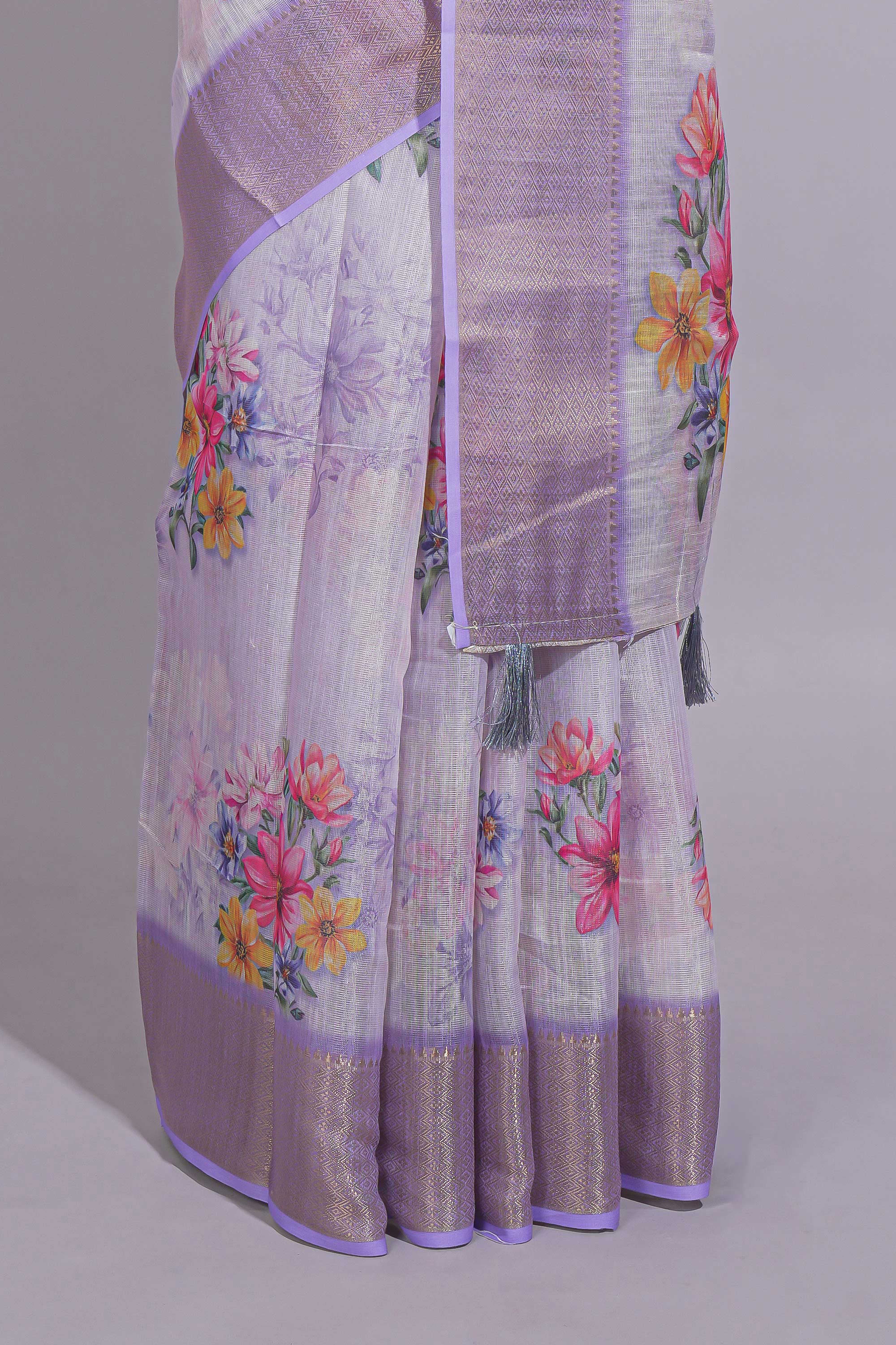 White Floral printed linen cotton saree with contrast zariborder and self pallu along with matching blouse